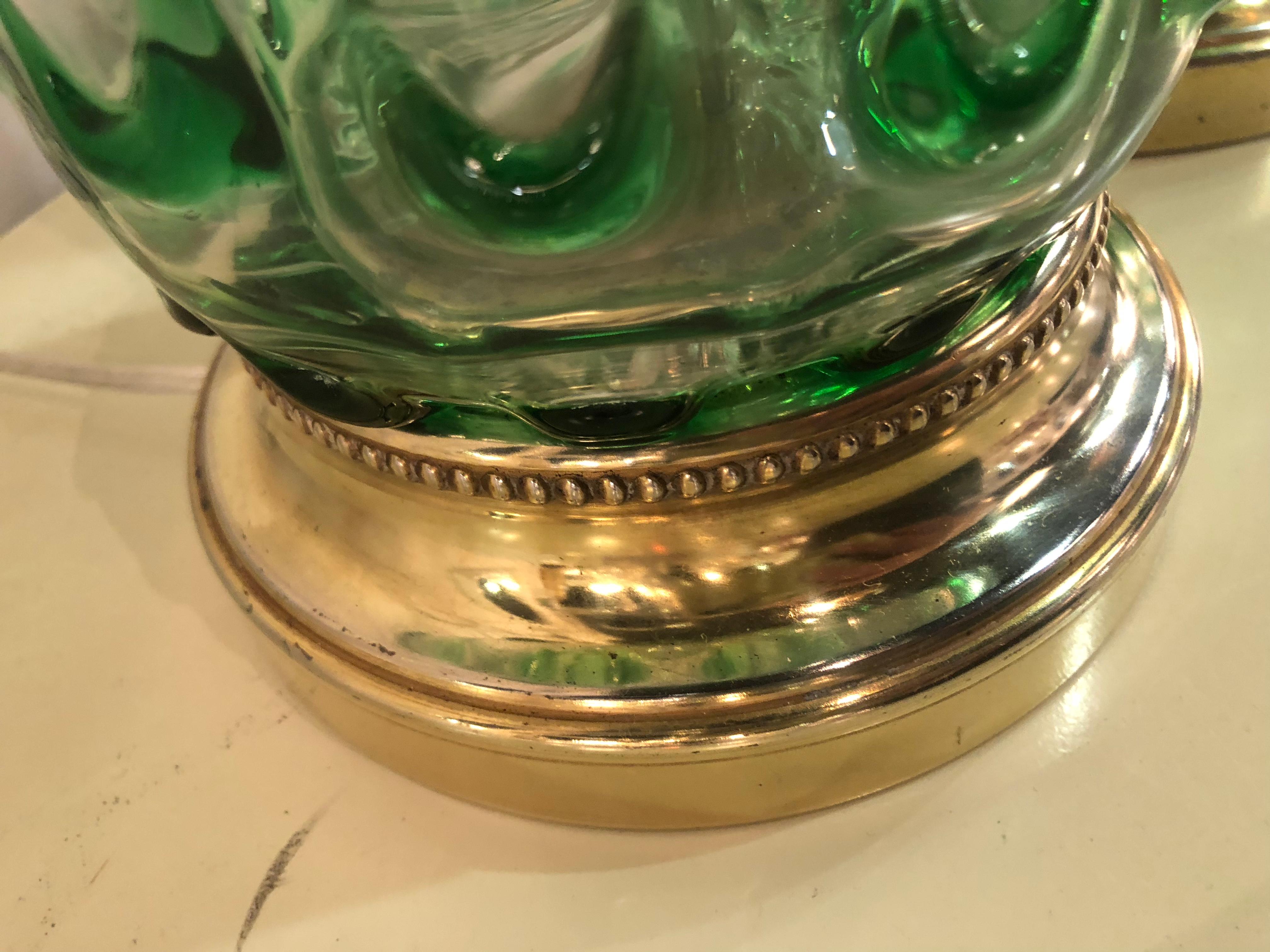 Late 20th Century Vintage Green Swirl Glass Murano Pair of Table Lamps Brass Lucite Italian
