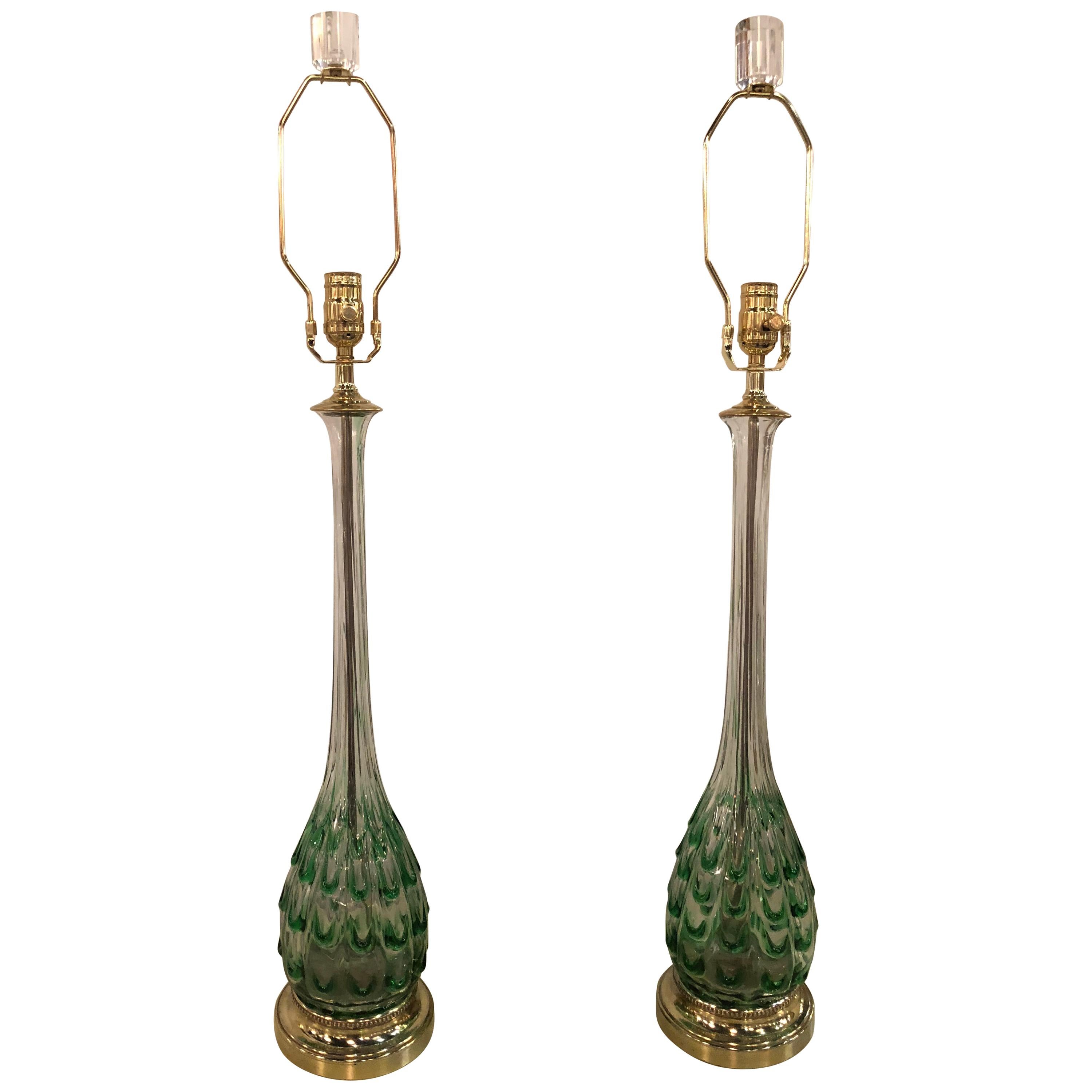 Vintage Green Swirl Glass Murano Pair of Table Lamps Brass Lucite Italian