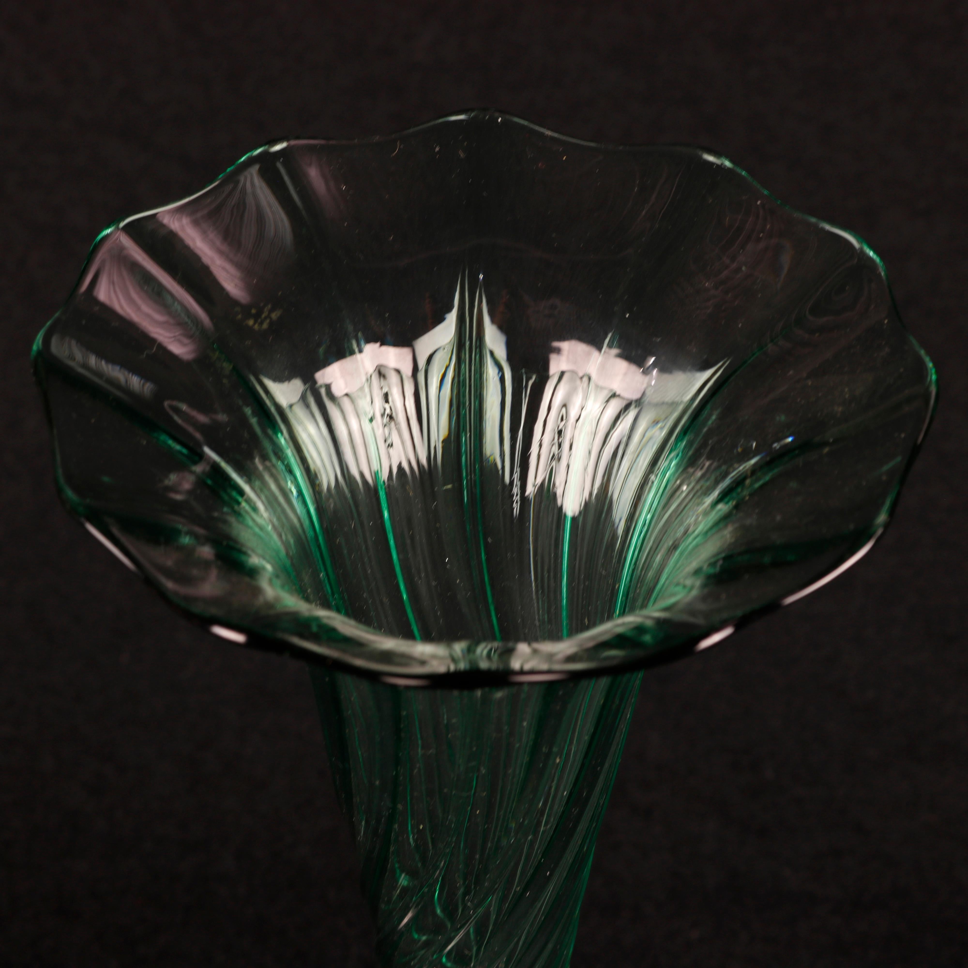 American Green Swirl Steuben School Handcrafted Art Glass Trumpet Vase, 20th Century