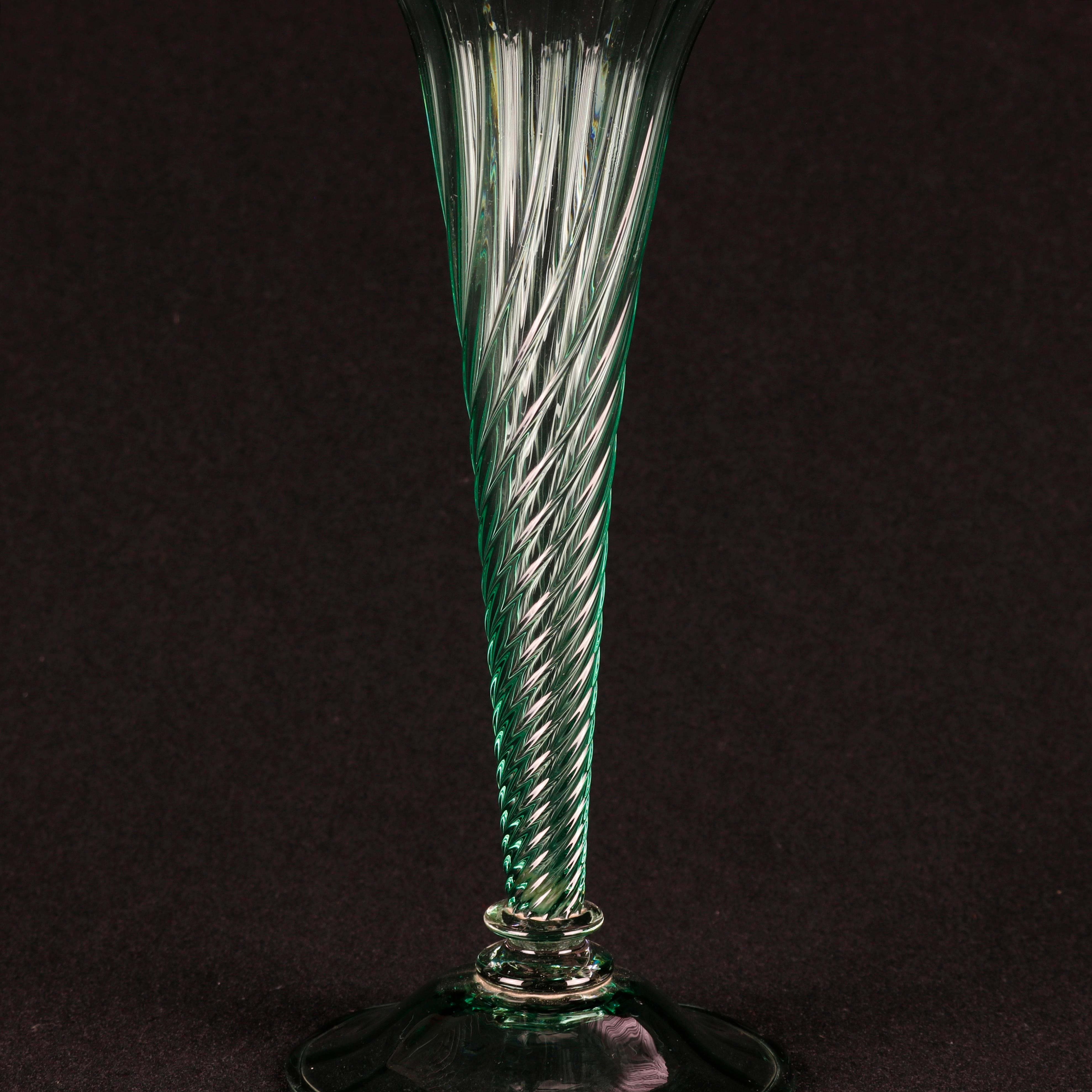 Green Swirl Steuben School Handcrafted Art Glass Trumpet Vase, 20th Century In Good Condition In Big Flats, NY