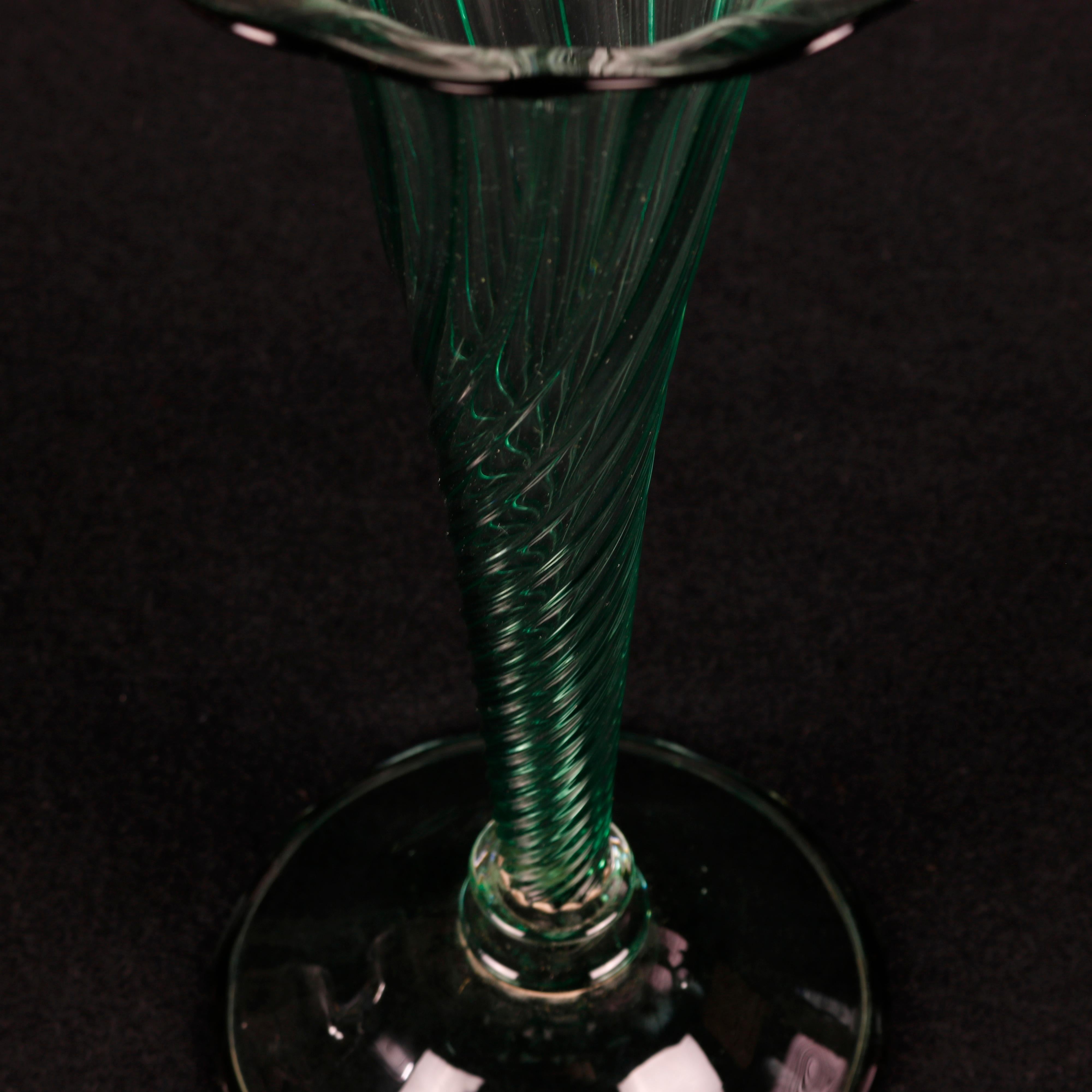Green Swirl Steuben School Handcrafted Art Glass Trumpet Vase, 20th Century 2