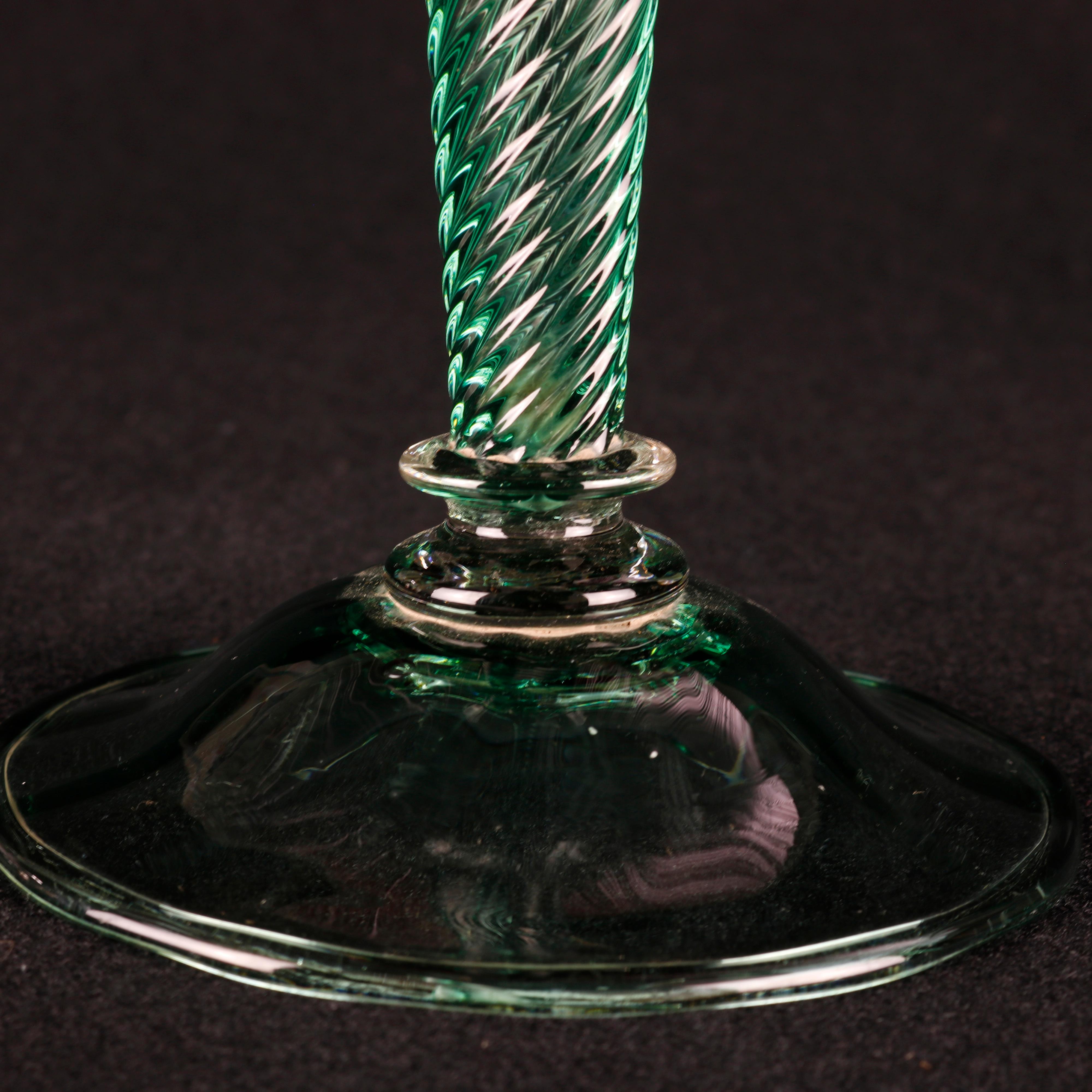 Green Swirl Steuben School Handcrafted Art Glass Trumpet Vase, 20th Century 4