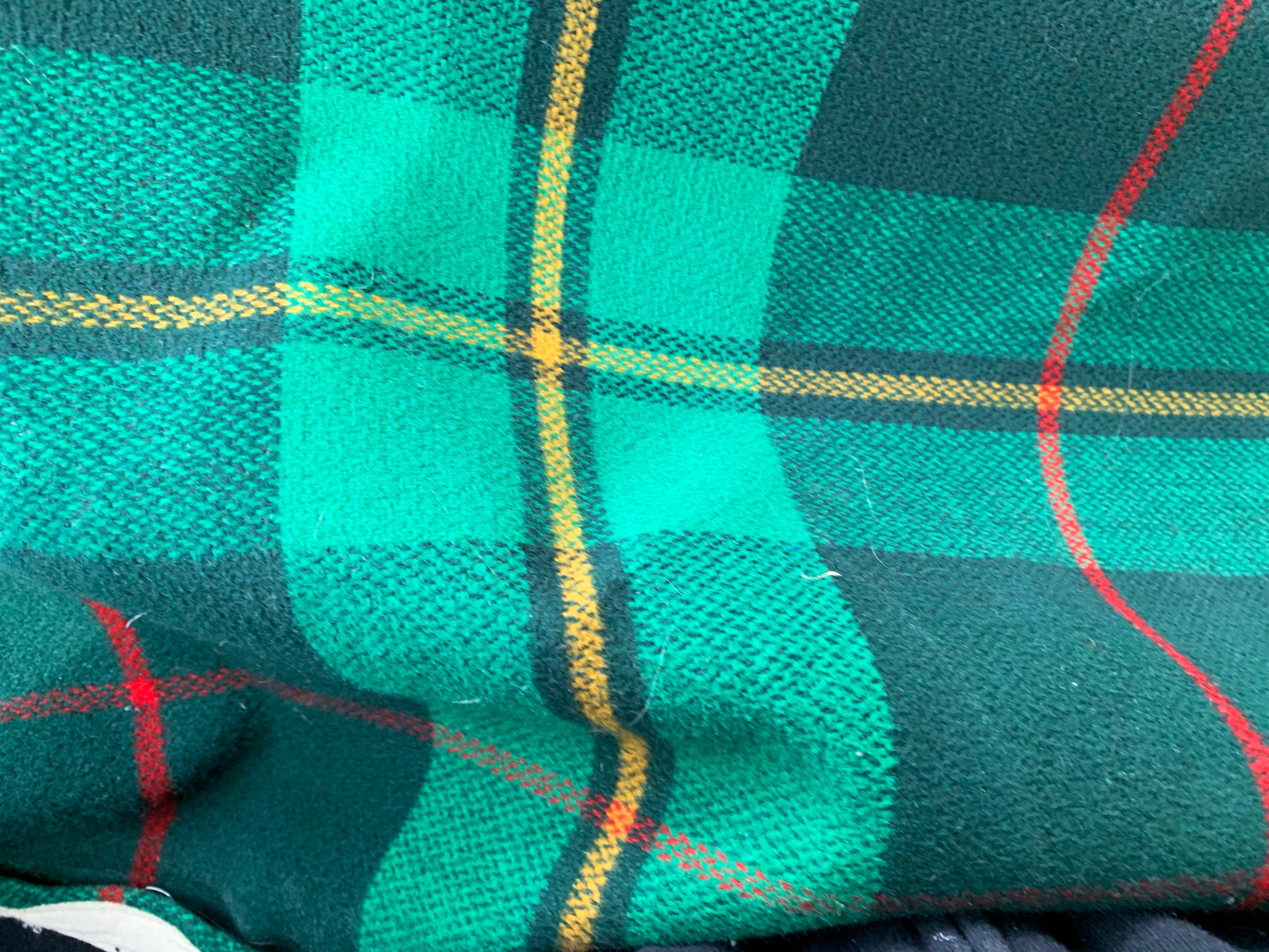 Vintage green Tartain plaid flannel tweed custom down-filled loveseat, cozy chic. Don’t miss this treasure!