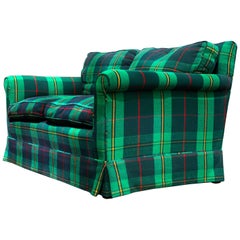 Vintage Green Tartain Plaid Flannel Tweed Custom Down-Filled Loveseat:: Cozy Chic