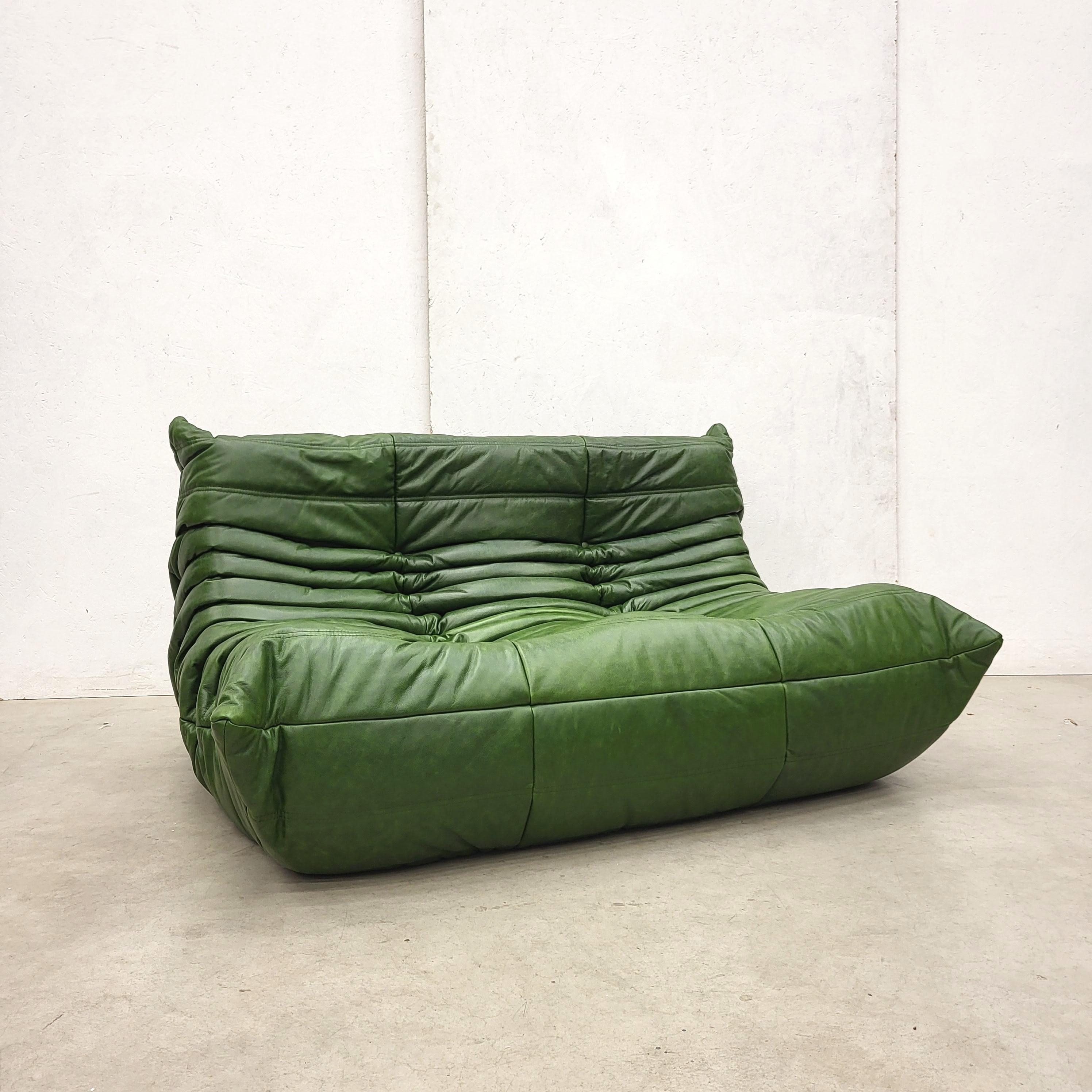 French Vintage Green Togo Seating Group Sofa by Michel Ducaroy for Ligne Roset 1973