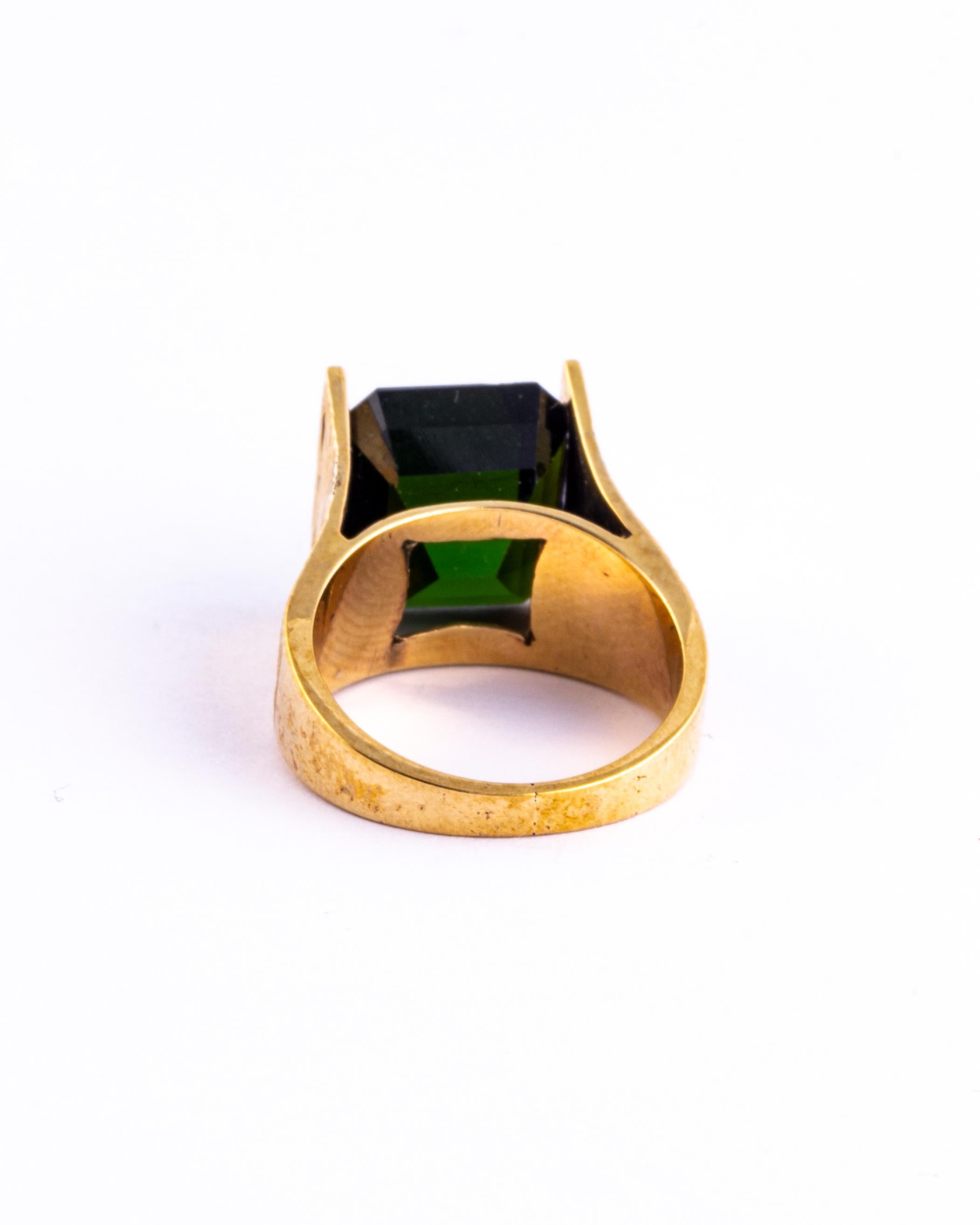 Emerald Cut Vintage Green Tourmaline and 9 Carat Gold Ring