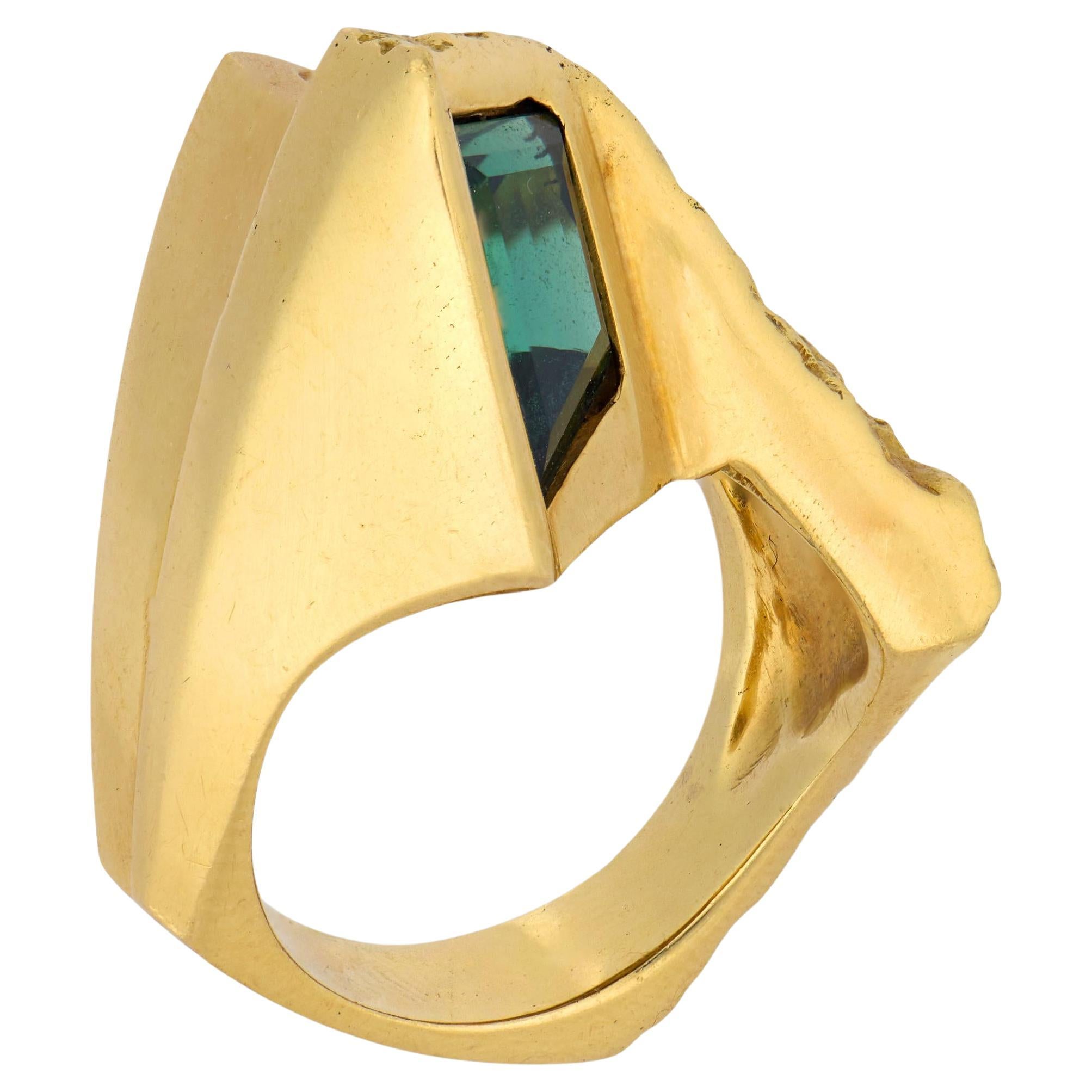 Vintage tourmaline verte diamant or jaune 18k bague abstraite