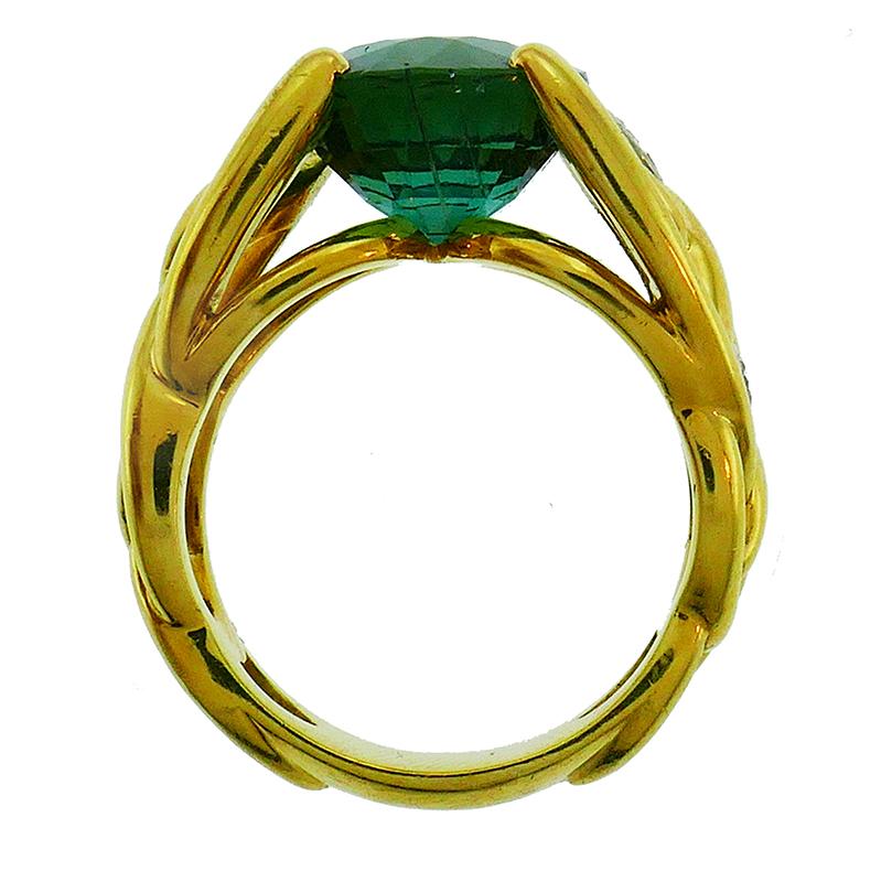 Round Cut Vintage Green Tourmaline Diamond 18k Yellow Gold Ring French Signed BJ