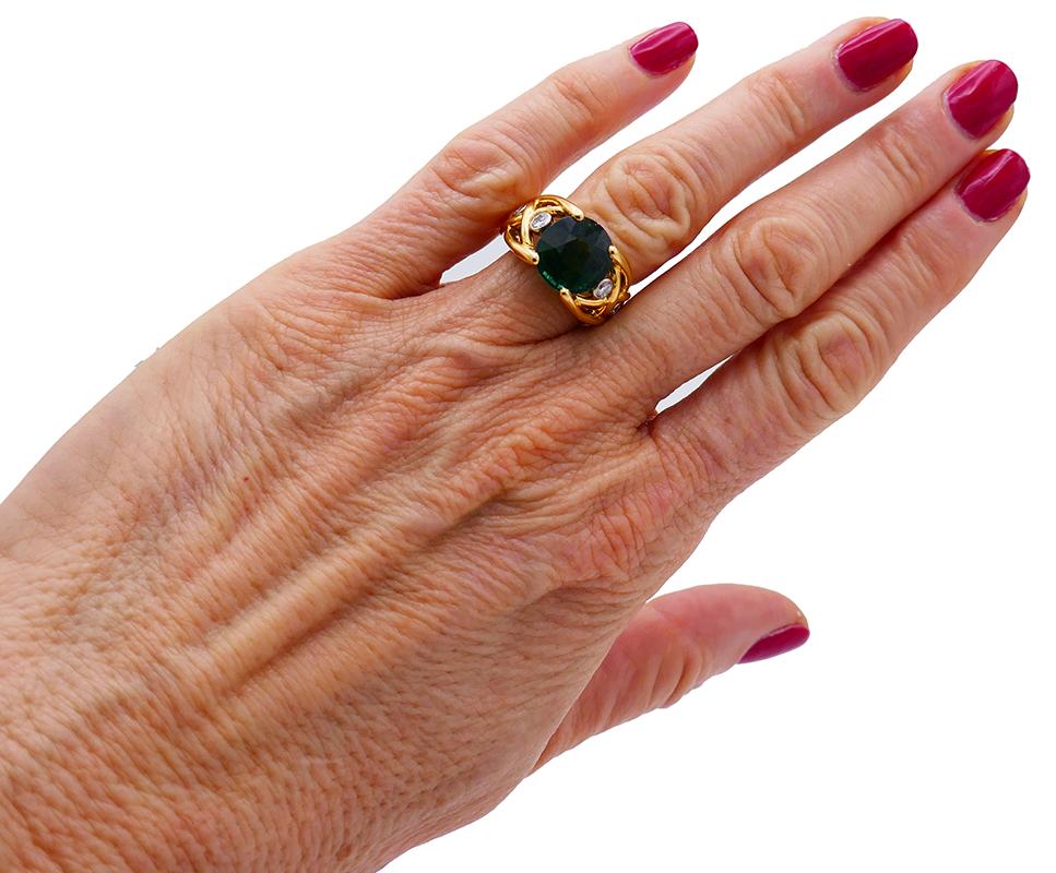 Women's Vintage Green Tourmaline Diamond 18k Yellow Gold Ring French Signed BJ