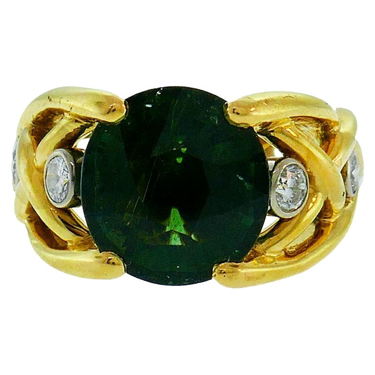 Vintage Green Tourmaline Diamond 18k Yellow Gold Ring French