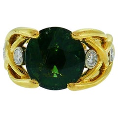 18 Karat Gelbgold Vintage Ring mit grünem Turmalin und Diamant, Französisch signiert BJ