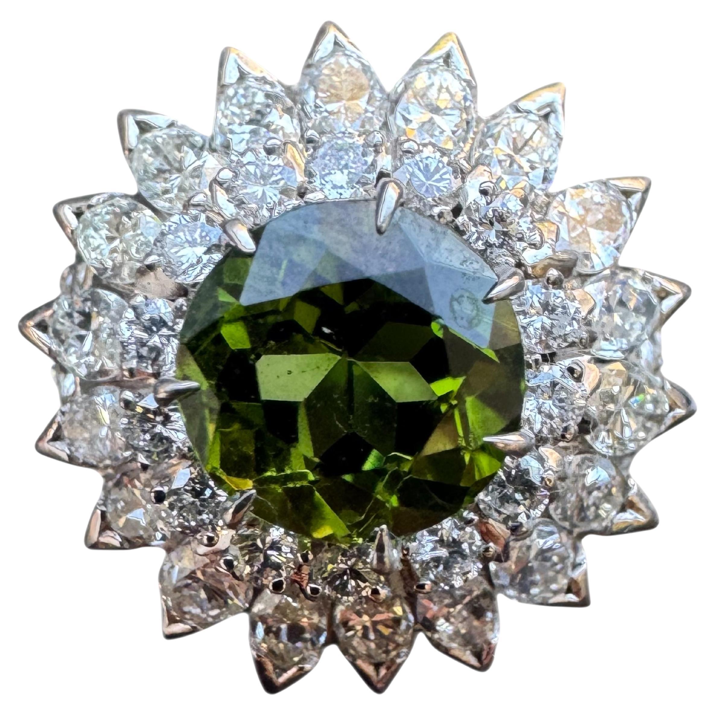 Vintage Green Tourmaline Diamond Marquise Cluster Ring Platinum For Sale