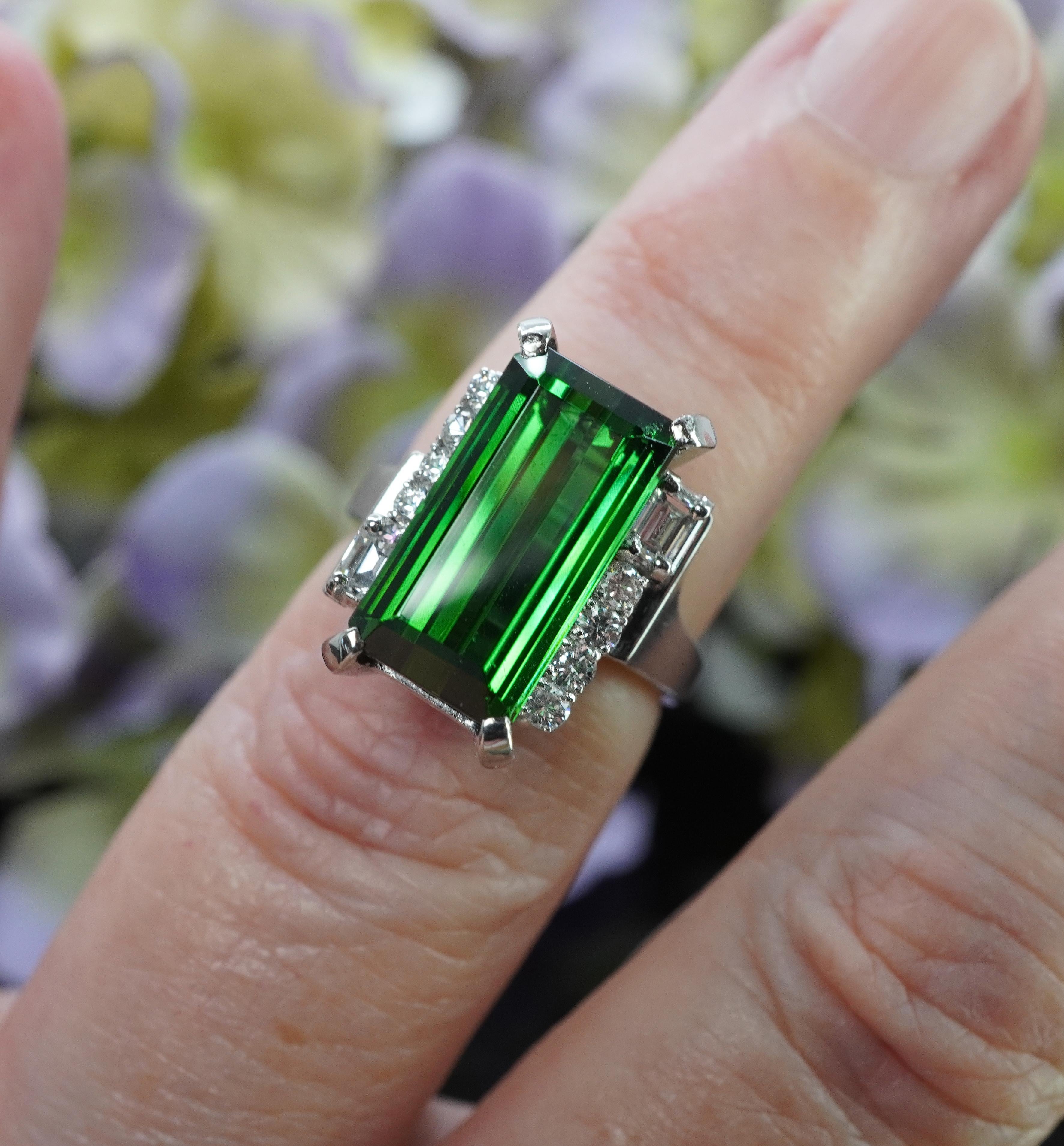 Emerald Cut Vintage Green Tourmaline Emerald Diamond Cocktail Ring Platinum Estate Heavy 5.7 For Sale