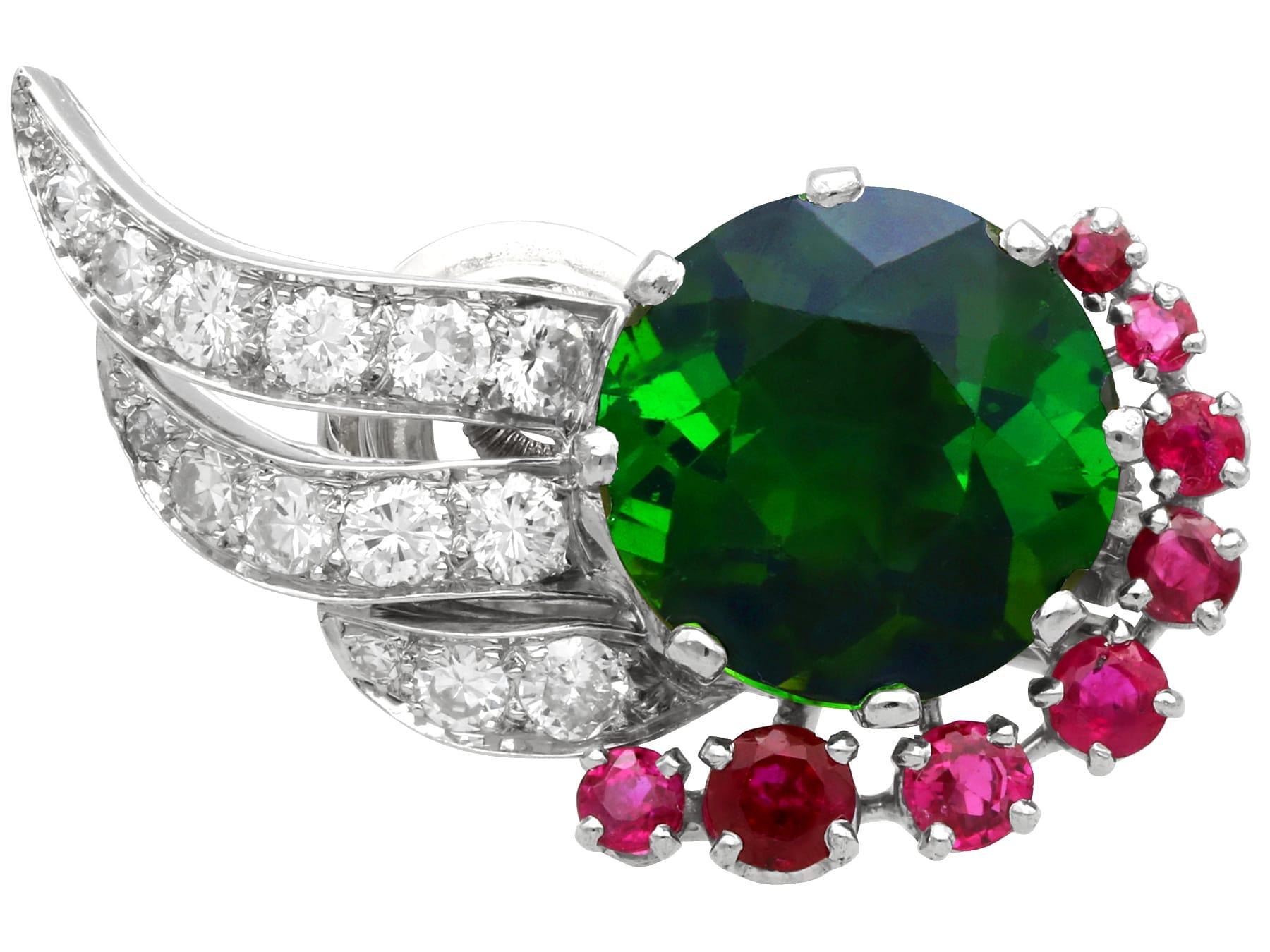 A stunning, fine and impressive pair of vintage 10.20 carat green tourmaline, 0.75 carat ruby and 1.84 carat diamond, 18k white gold earrings; part of our diverse antique jewellery and estate jewelry collections.

These stunning, fine and impressive