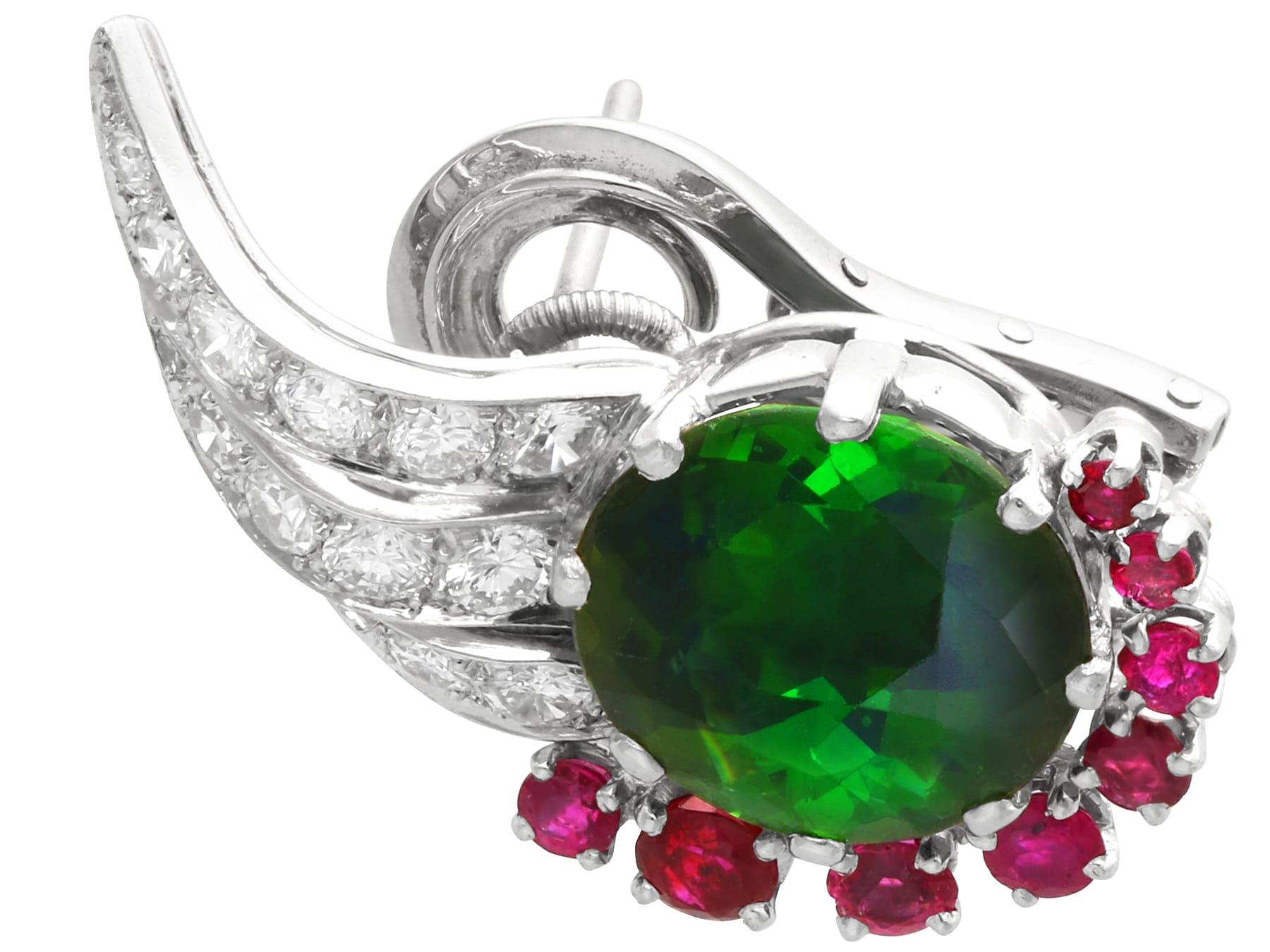 Round Cut Vintage Green Tourmaline Ruby and Diamond 18k White Gold Earrings Circa 1950 For Sale