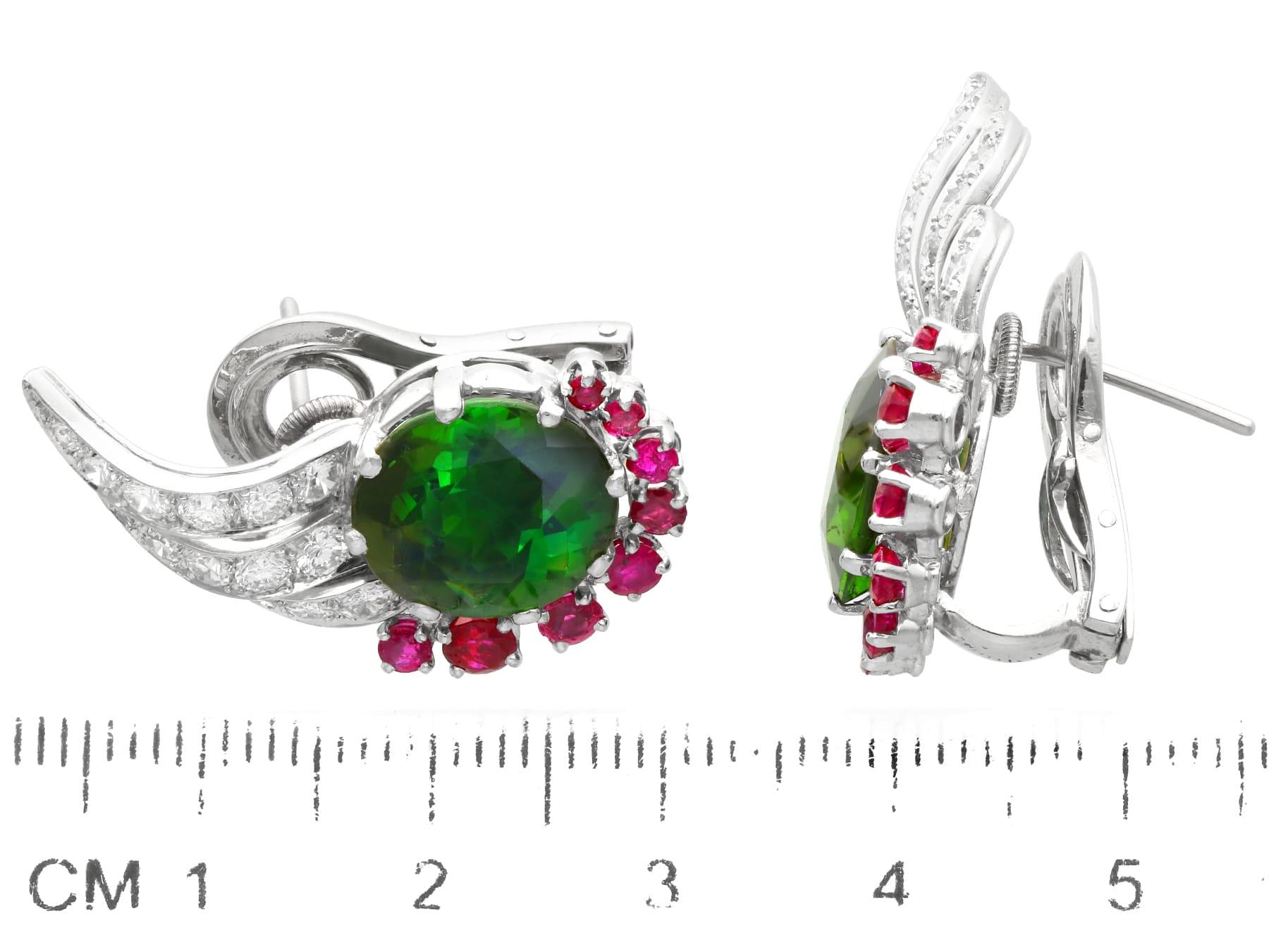 Vintage Green Tourmaline Ruby and Diamond 18k White Gold Earrings Circa 1950 For Sale 2