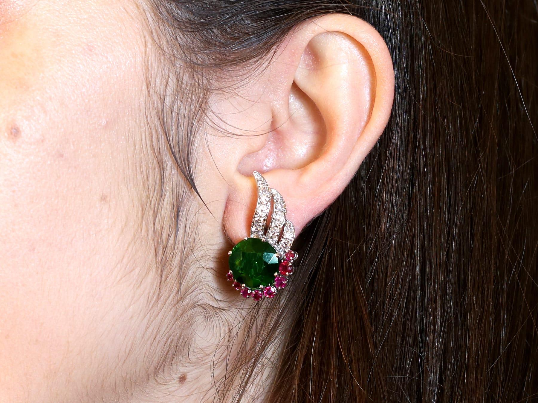 Vintage Green Tourmaline Ruby and Diamond 18k White Gold Earrings Circa 1950 For Sale 4