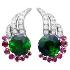 Retro Green Tourmaline Ruby and Diamond 18k White Gold Earrings Circa 1950