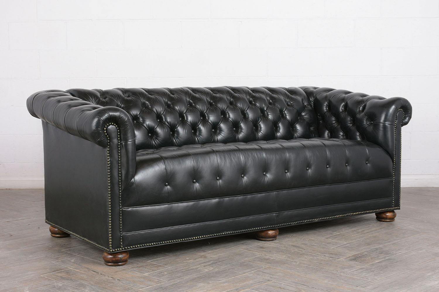 Mid-20th Century Vintage Green Tufted Chesterfield Leather Sofa