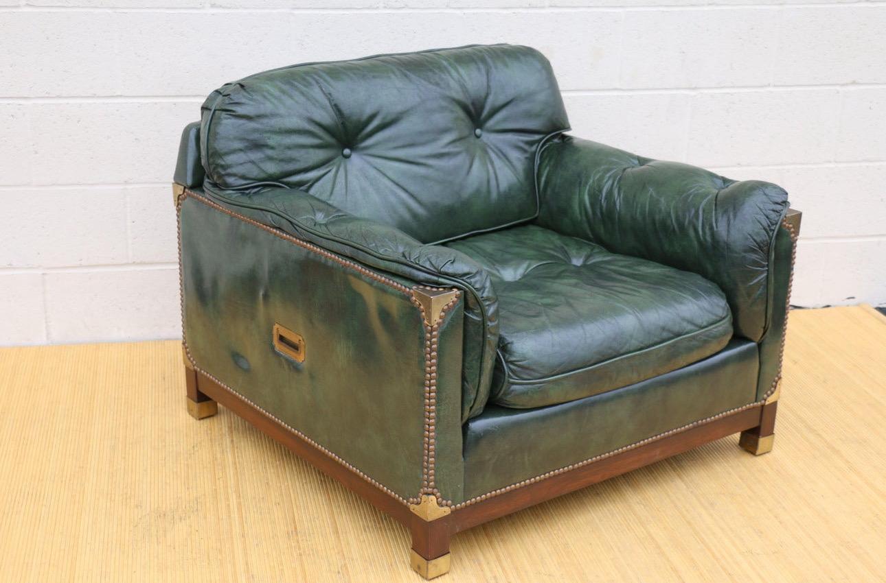 Mid-Century Modern Vintage Green Tufted Leather Club Chair and Ottoman