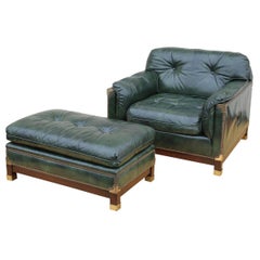 Vintage Green Tufted Leather Club Chair and Ottoman