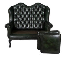 Vintage Green Tufted Leather Queen Anne Style Loveseat