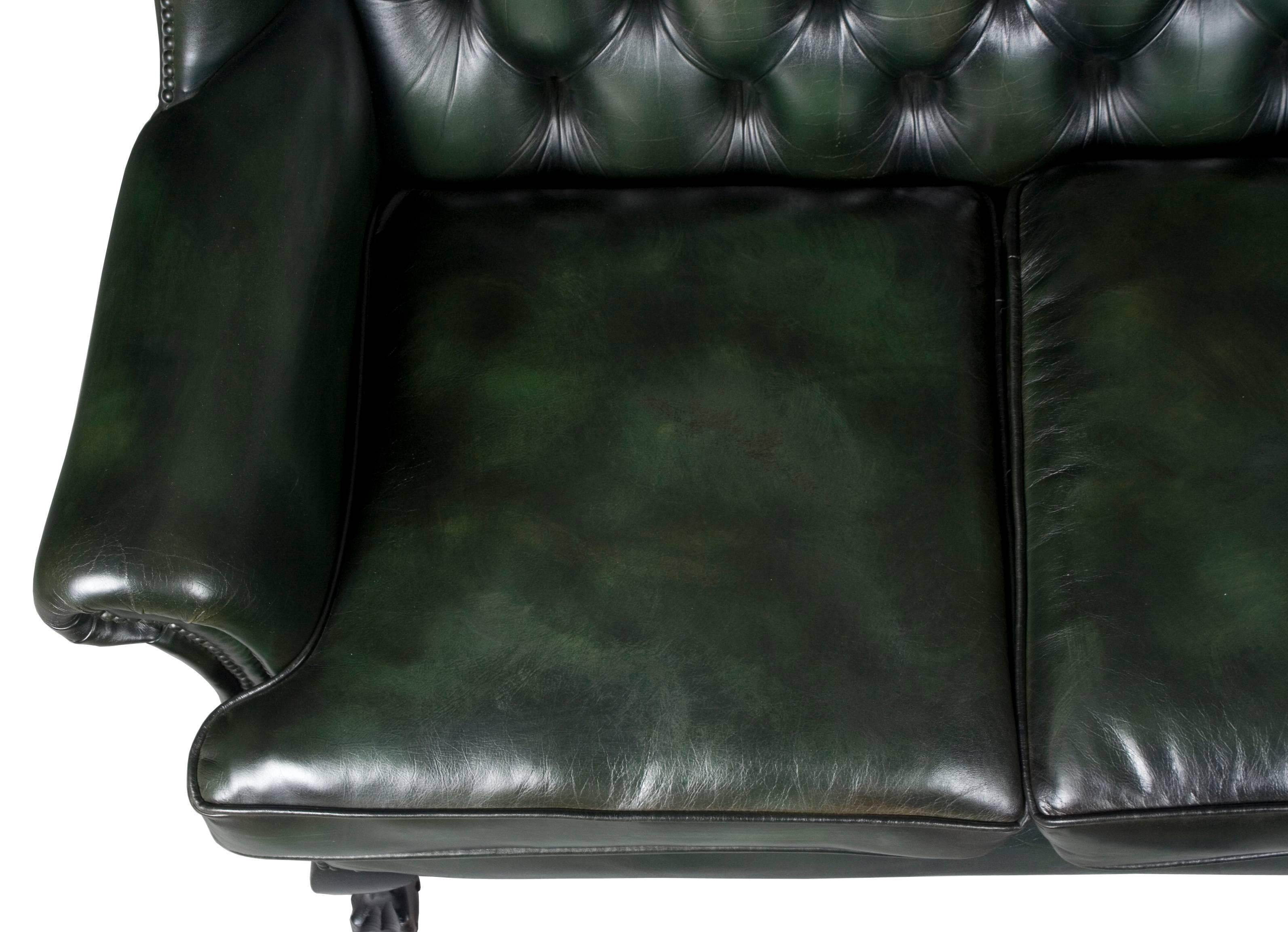 English Vintage Green Tufted Leather Queen Anne Style Loveseat For Sale