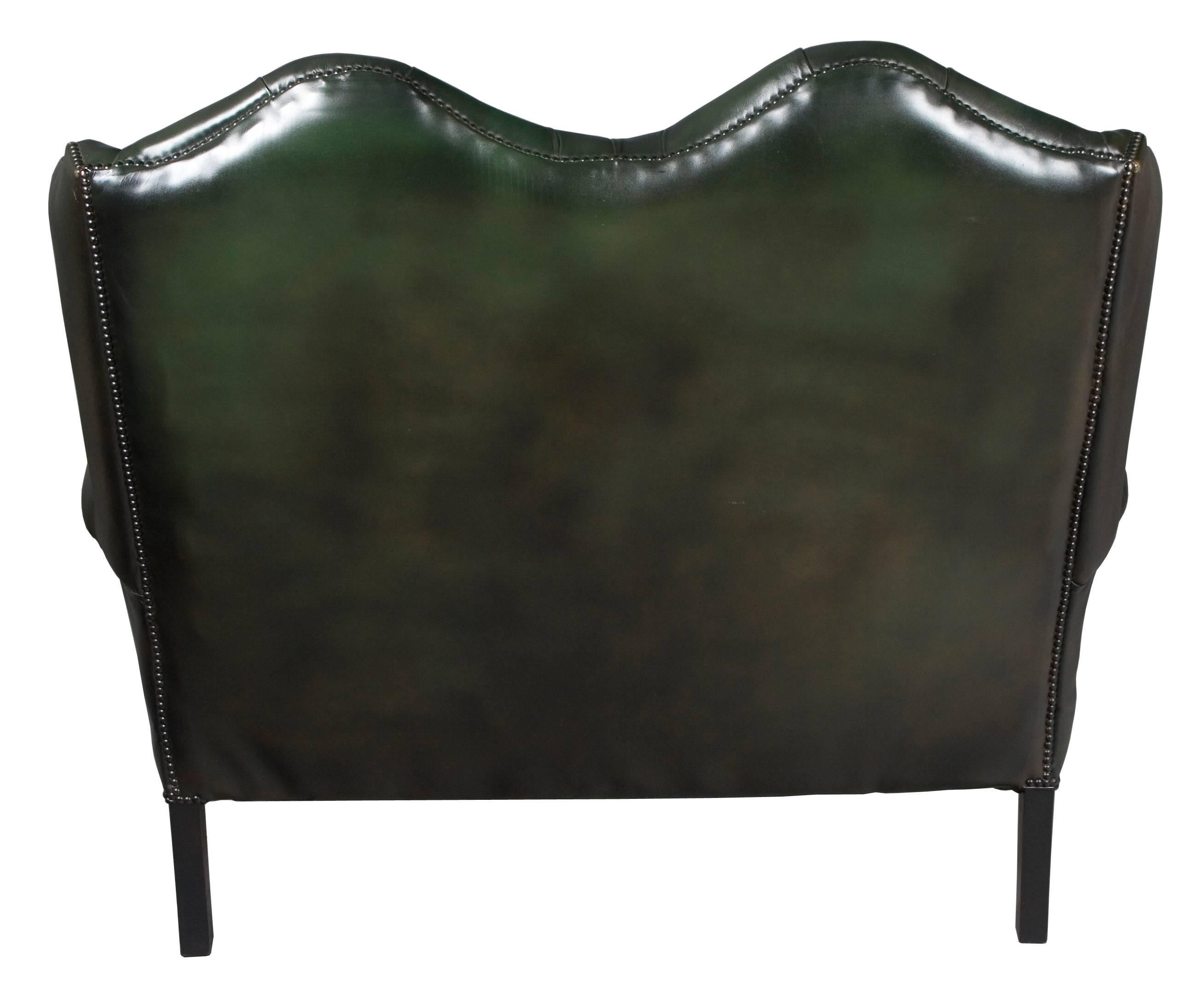 Vintage Green Tufted Leather Queen Anne Style Loveseat For Sale 1