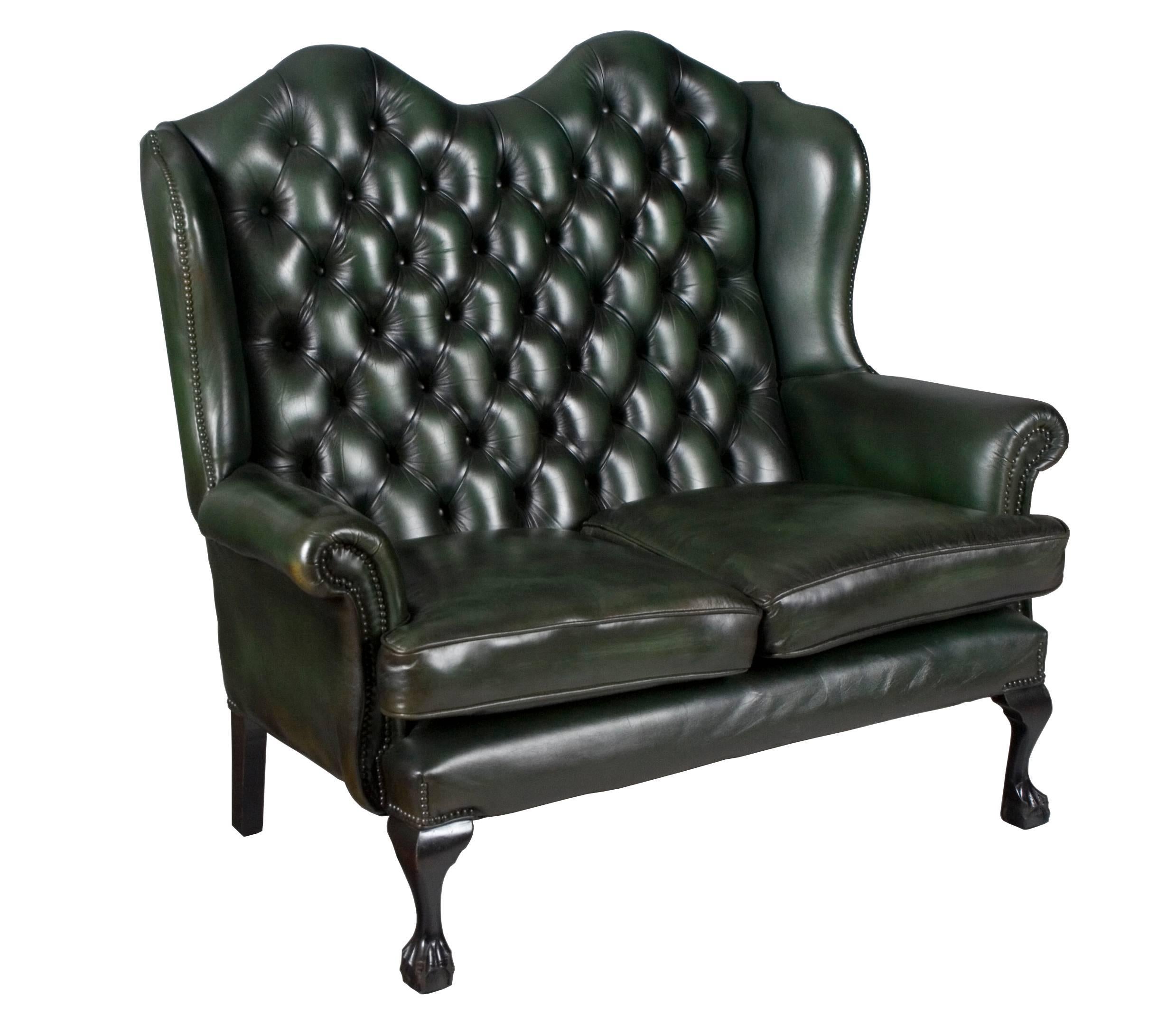 Vintage Green Tufted Leather Queen Anne Style Loveseat For Sale