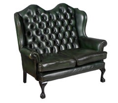 Vintage Green Tufted Leather Queen Anne Style Loveseat