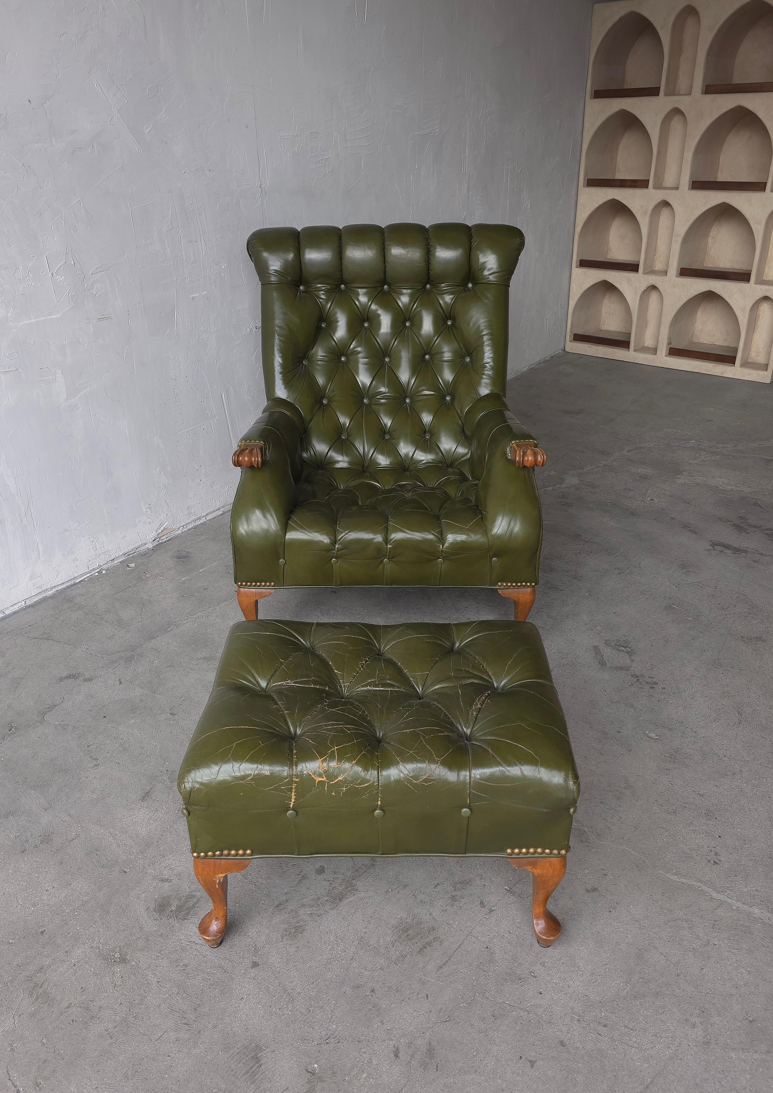 Vintage Green Tufted Leather Sleepy Hollow Chair and Ottoman For Sale 2