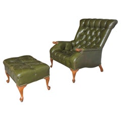 Vintage Green Tufted Leather Sleepy Hollow Chair and Ottoman