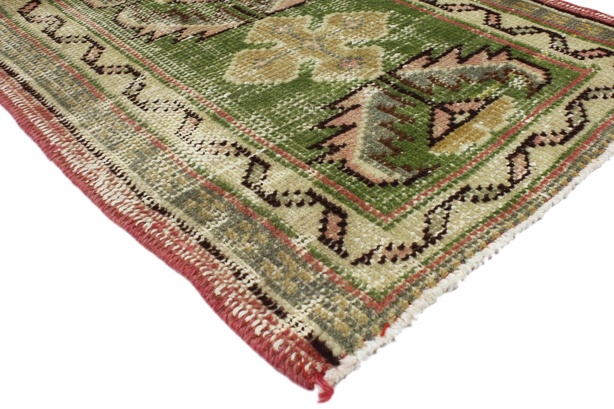 51713 Distressed Vintage Green Turkish Oushak Rug, 01'09 x 10'08. Infused with the principles of Biophilic Design, this hand-knotted wool distressed vintage Turkish Oushak rug runner offers a harmonious blend of natural elements and timeless