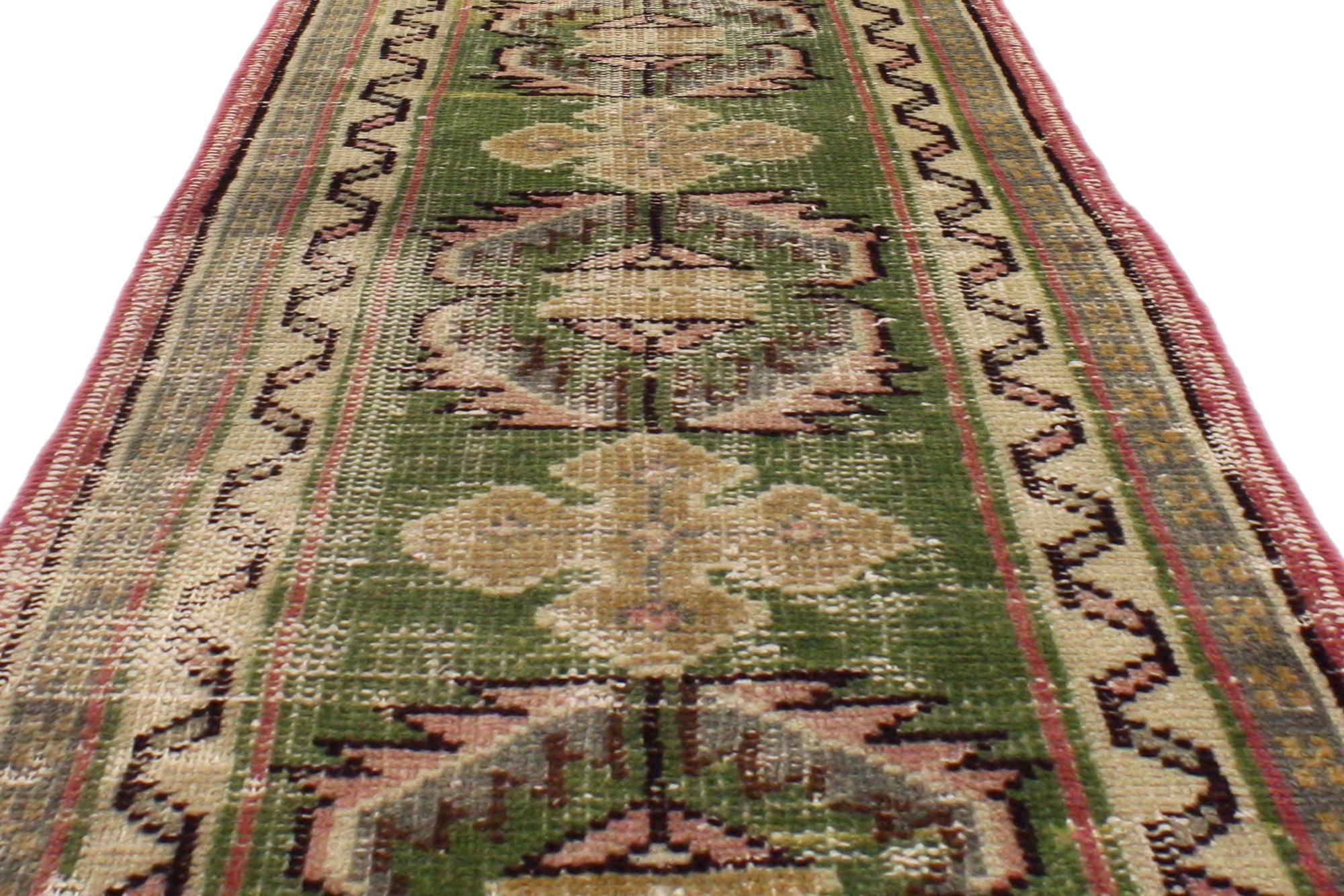 Hand-Knotted Vintage Green Turkish Oushak Rug Rustic Carpet Runner For Sale