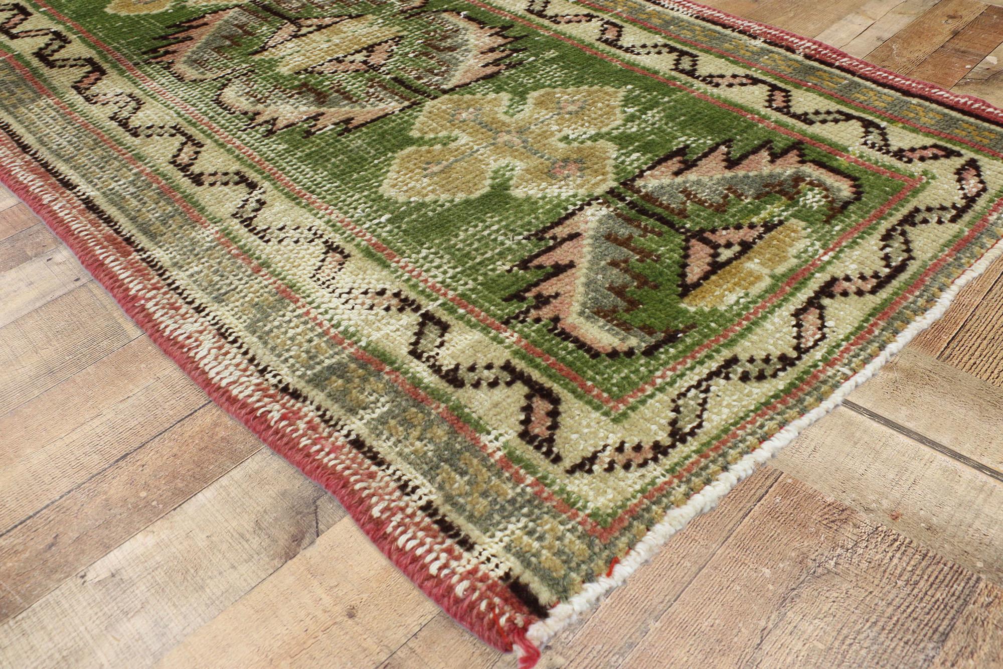 Vintage Green Turkish Oushak Rug Rustic Carpet Runner In Distressed Condition For Sale In Dallas, TX