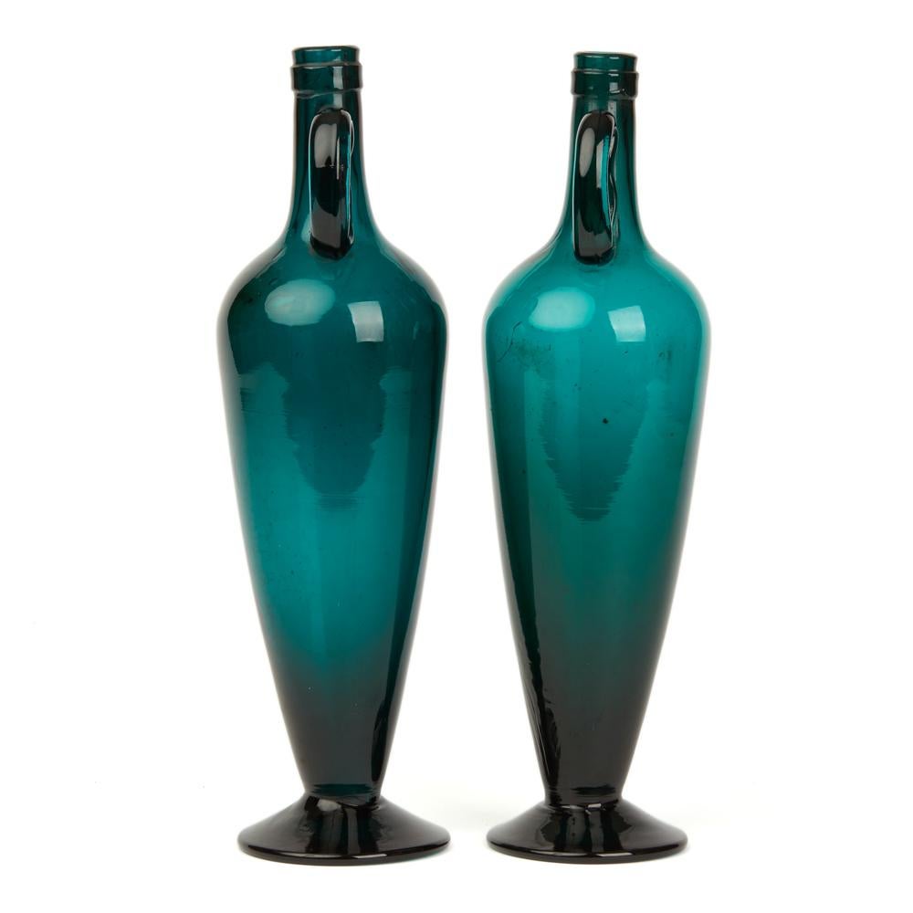 European Vintage Green or Turquoise Glass Twin Handled Bottle Vases