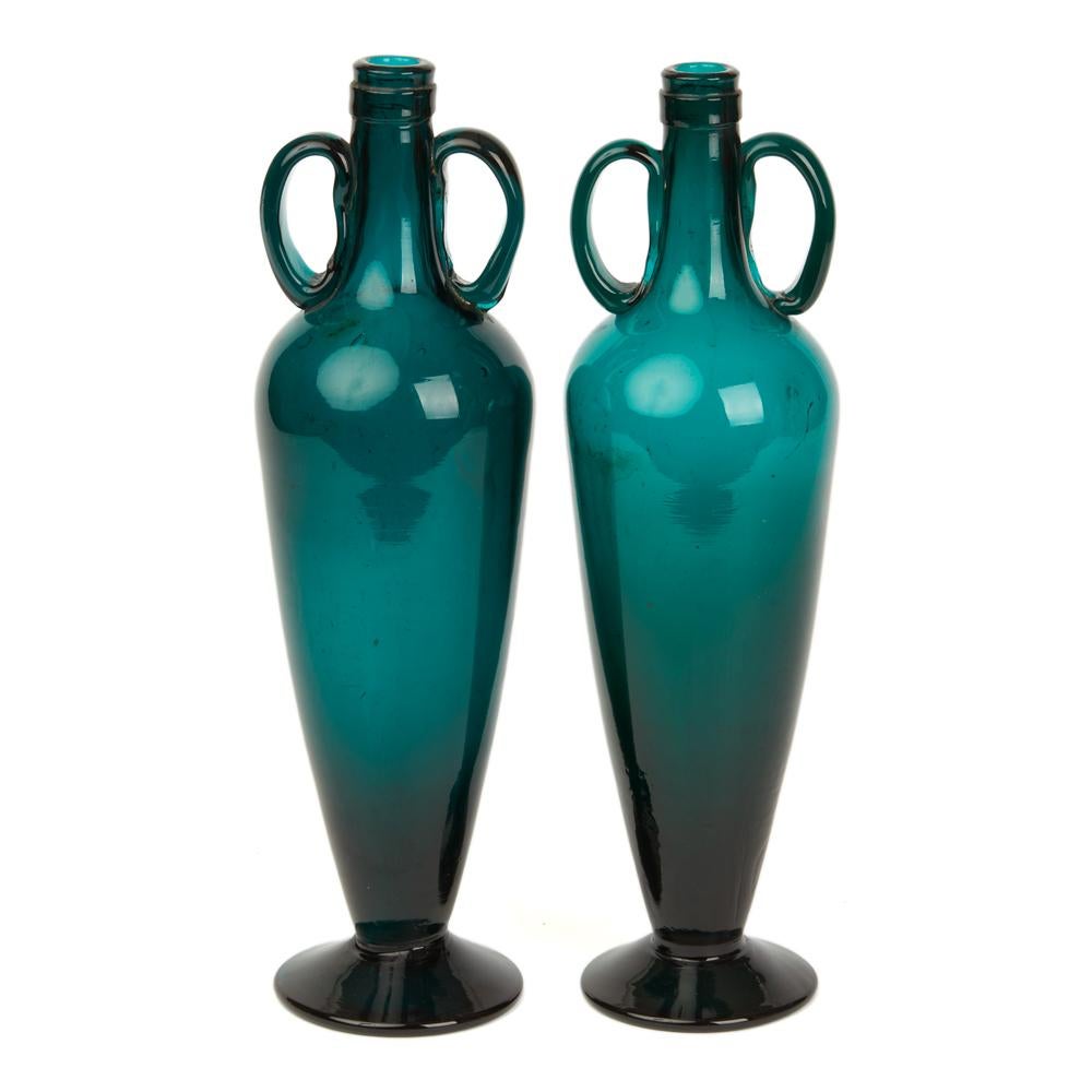 Vintage Green or Turquoise Glass Twin Handled Bottle Vases In Good Condition In Bishop's Stortford, Hertfordshire