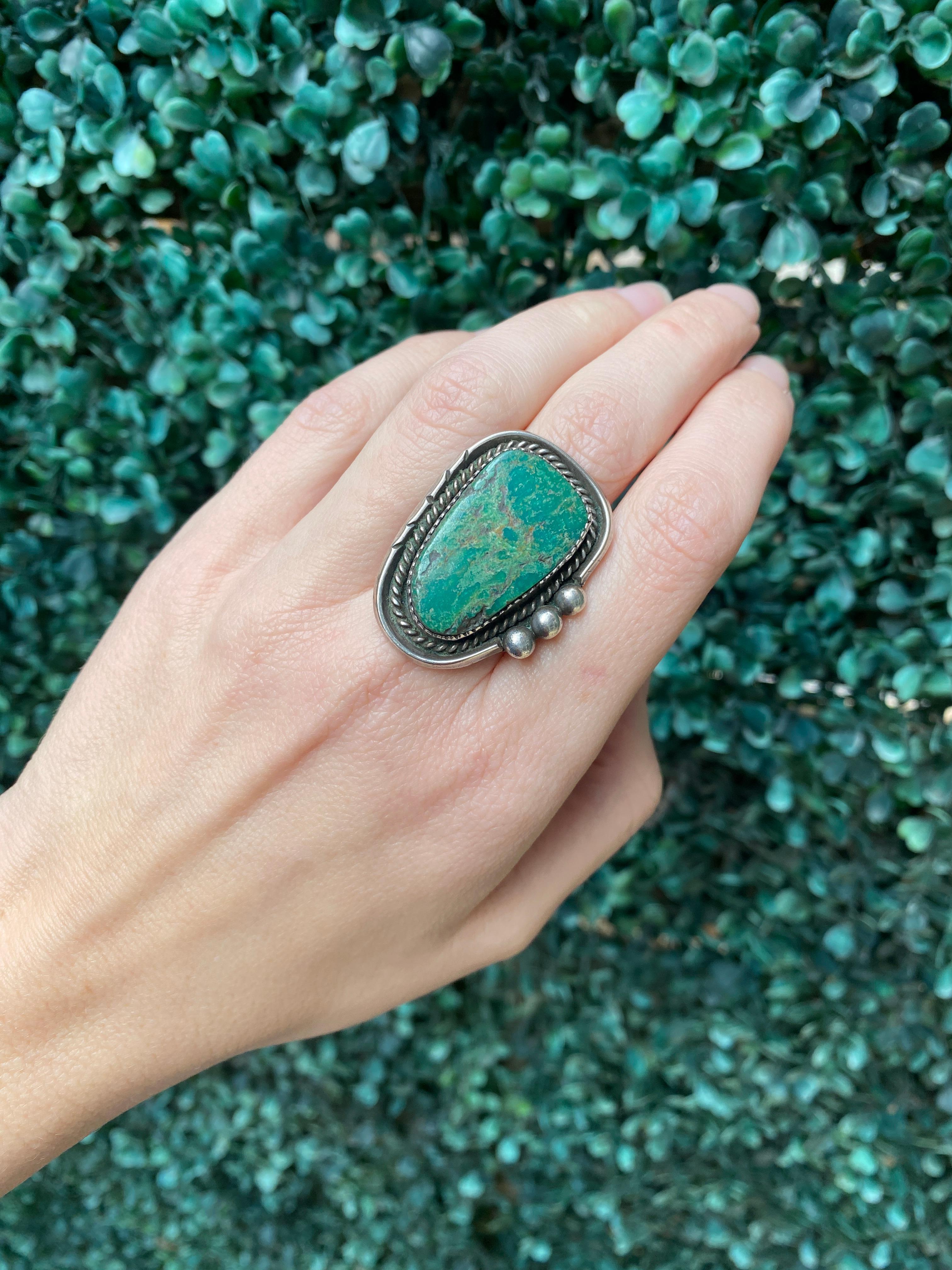 Vintage Green Turquoise Sterling Silver Ring For Sale 5