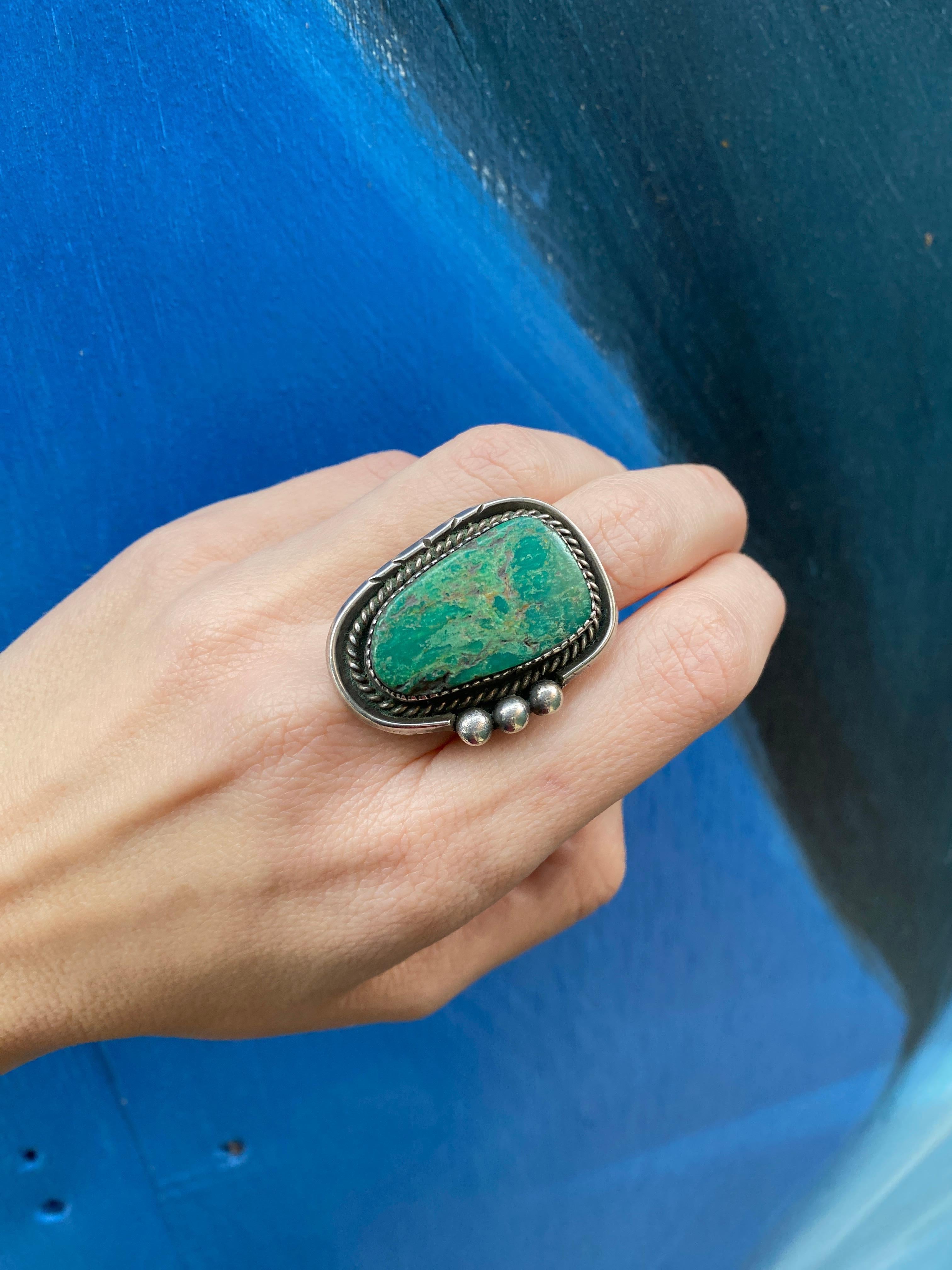 Vintage Green Turquoise Sterling Silver Ring For Sale 7