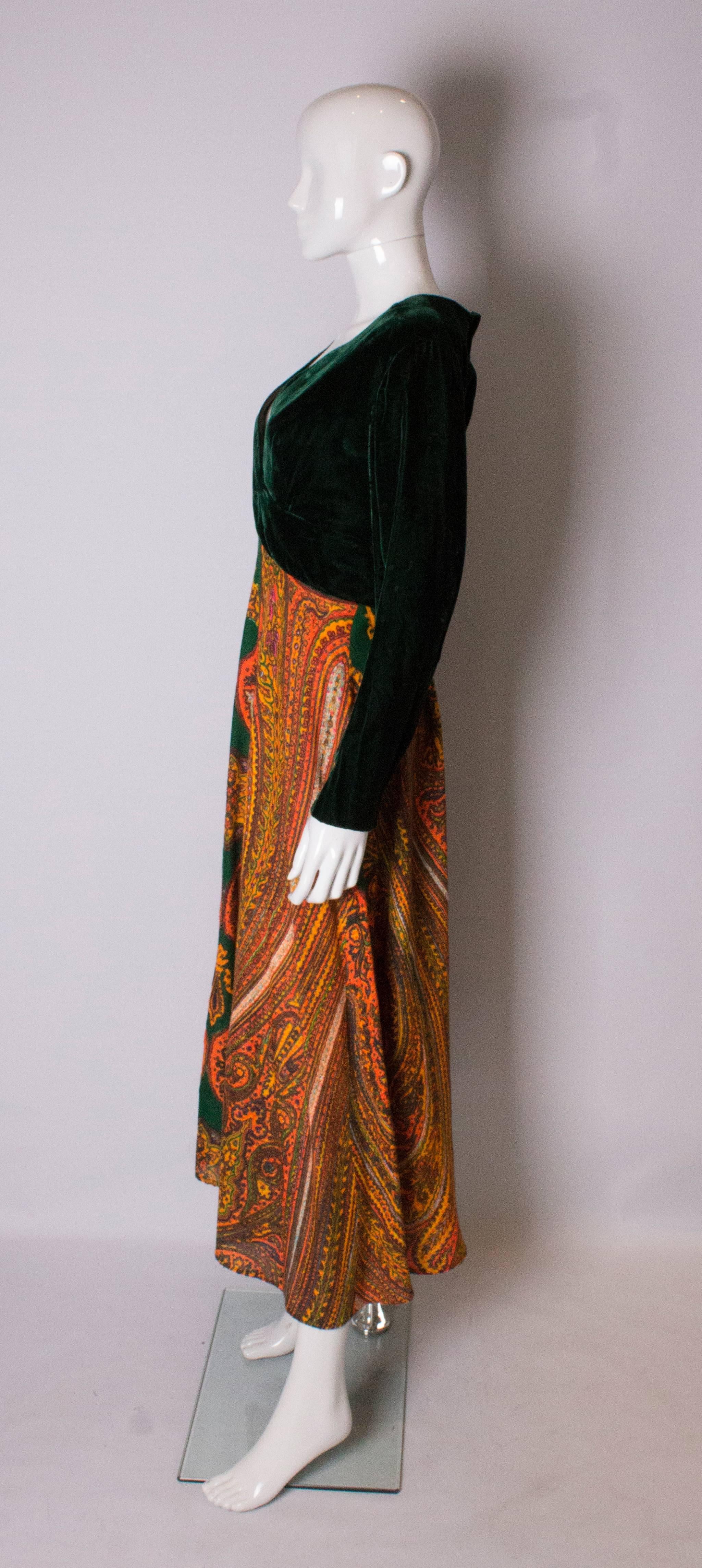 Brown Vintage Green Velvet and Orange Print Gown For Sale