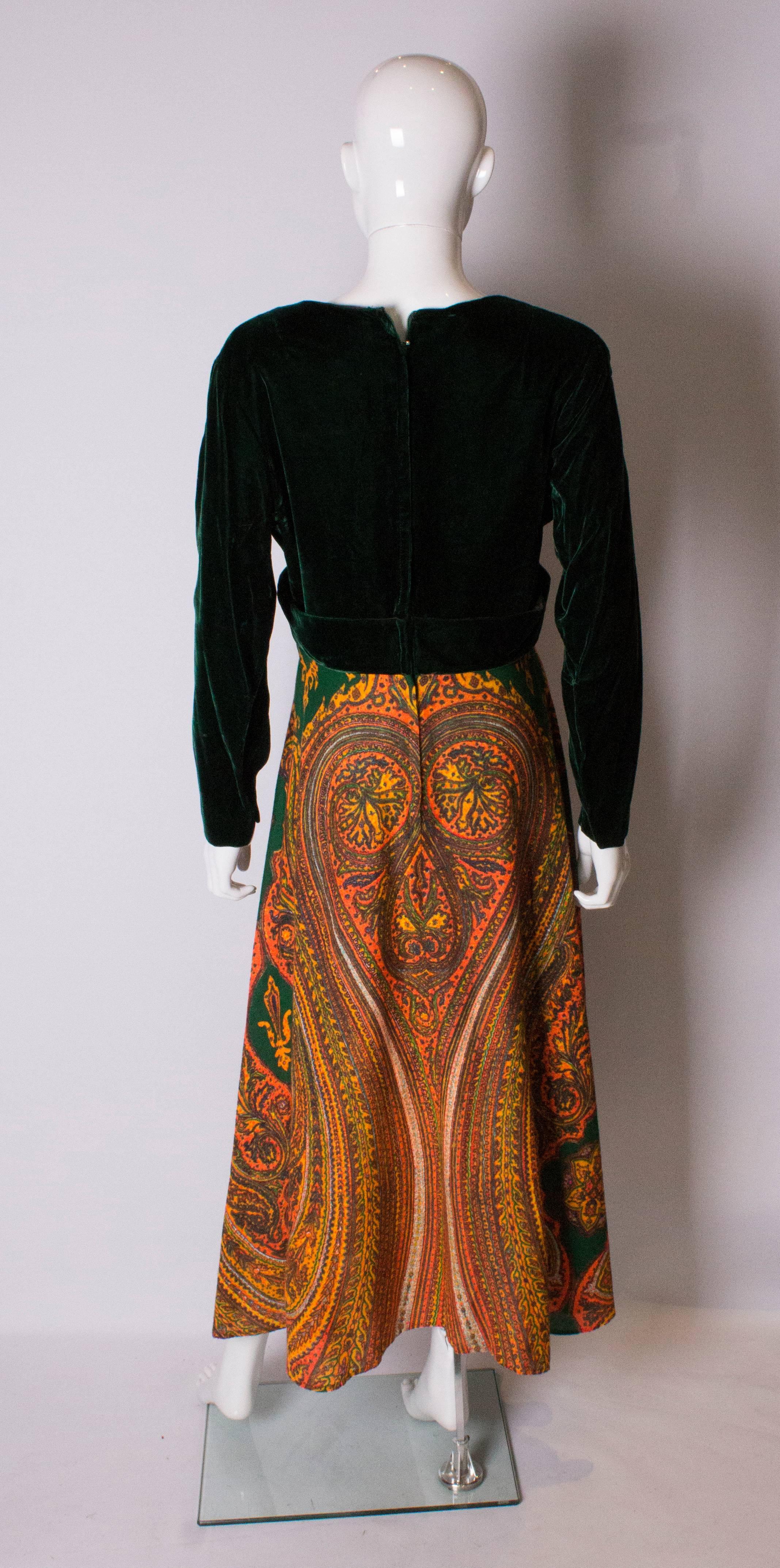 Women's Vintage Green Velvet and Orange Print Gown For Sale