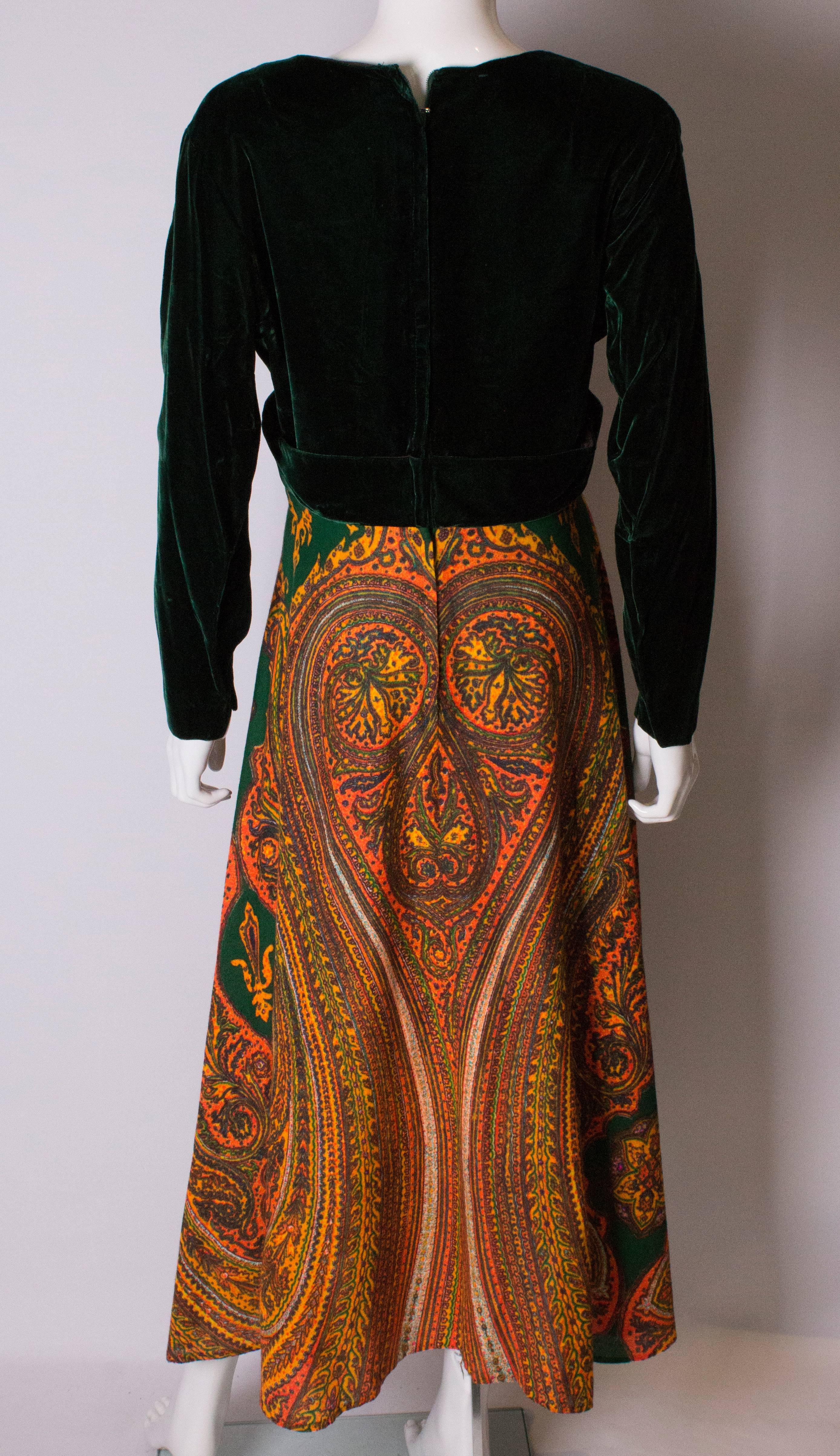 Vintage Green Velvet and Orange Print Gown For Sale 1
