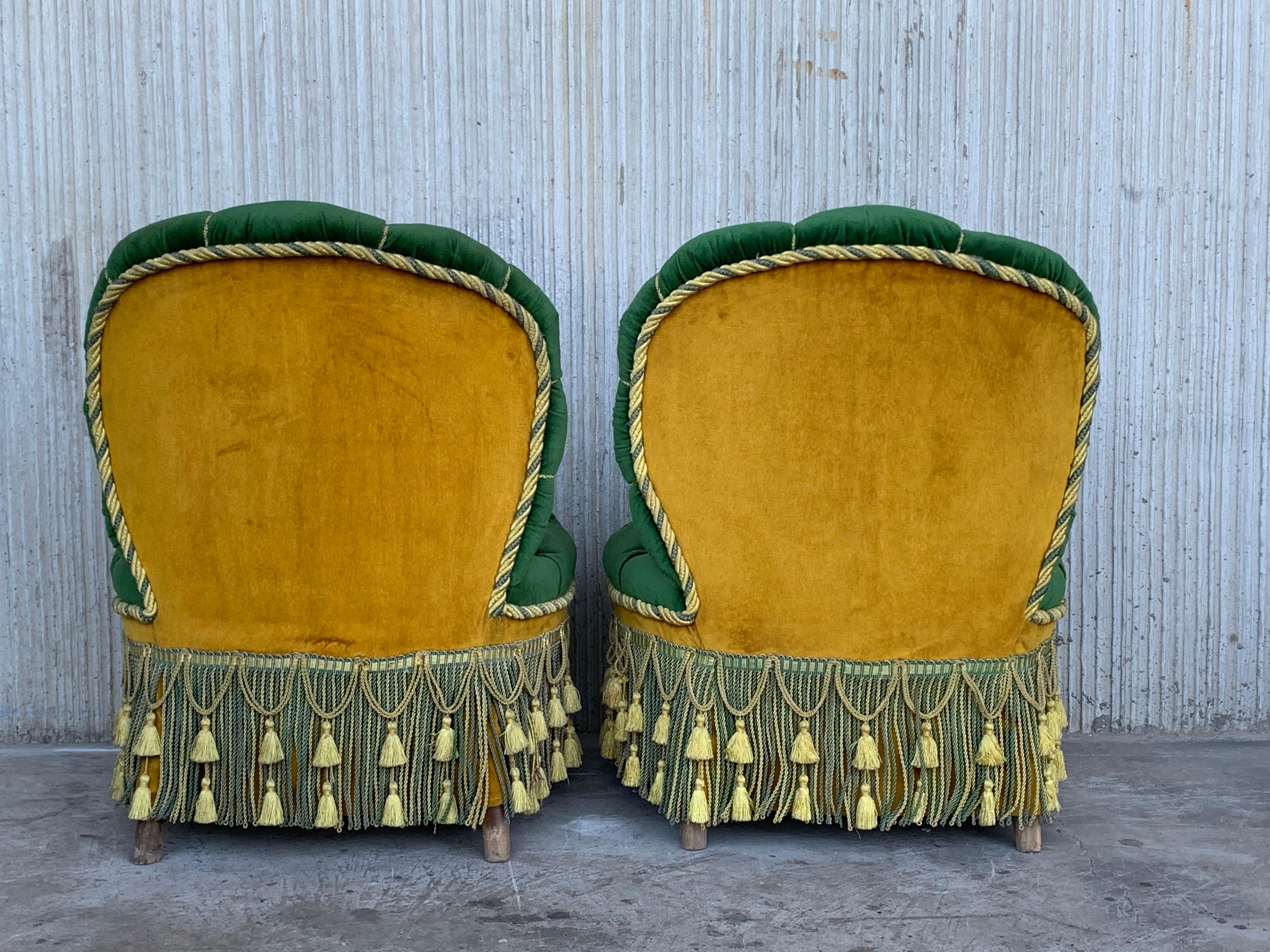 Vintage Green Velvet French Art Deco Swivel Chairs Chanel Back Parlor Chairs 7