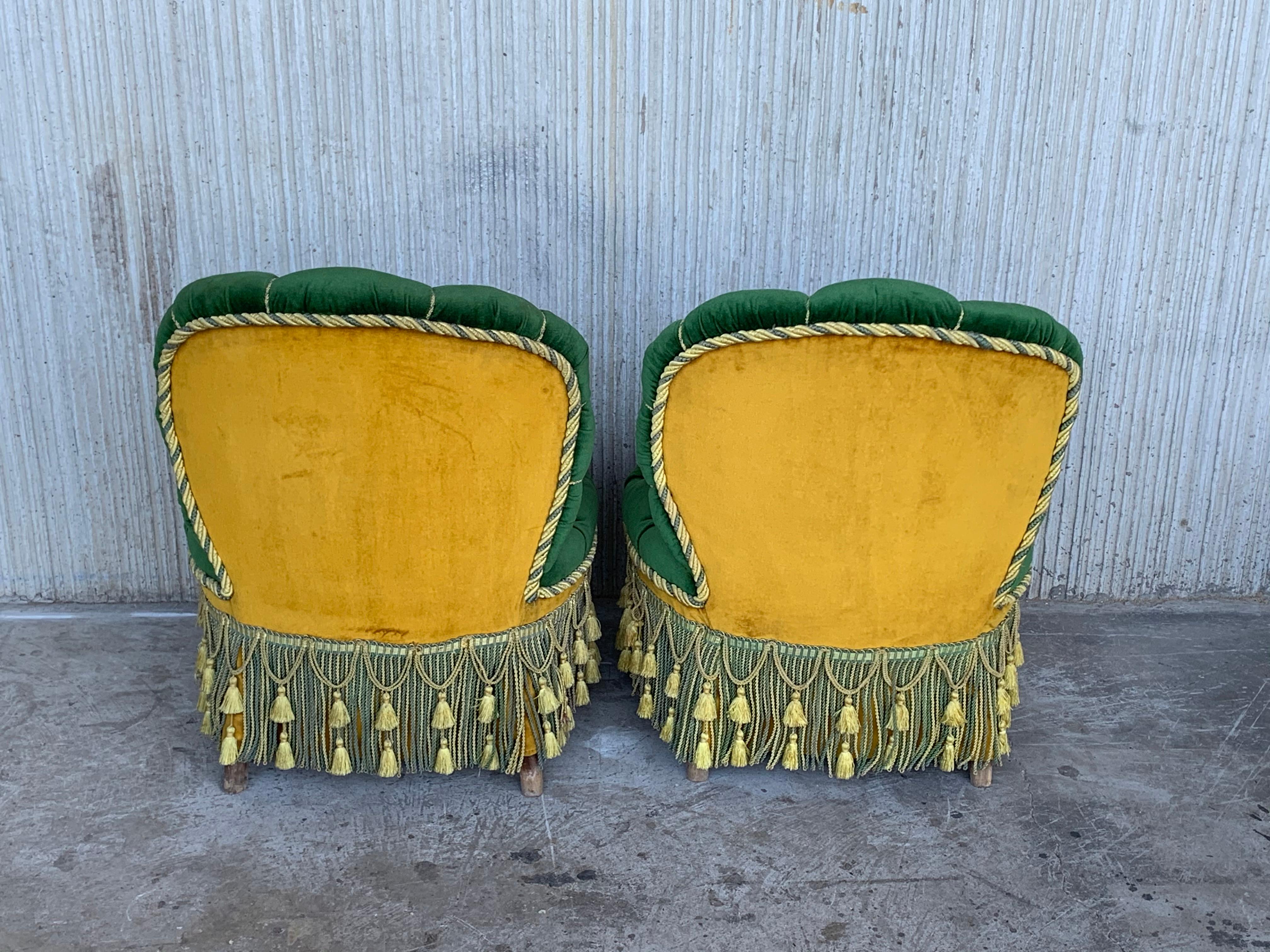 Vintage Green Velvet French Art Deco Swivel Chairs Chanel Back Parlor Chairs 8
