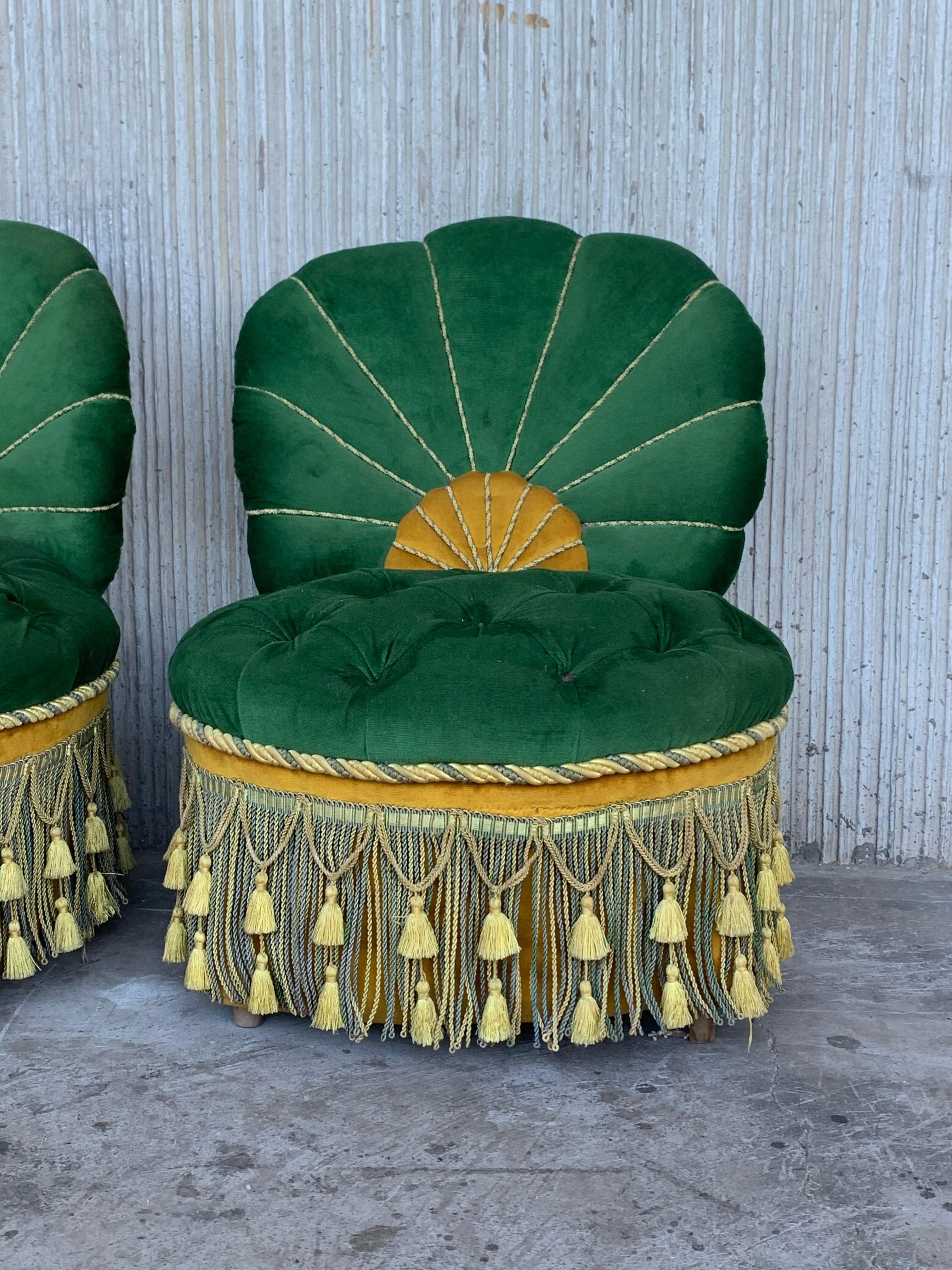 20th Century Vintage Green Velvet French Art Deco Swivel Chairs Chanel Back Parlor Chairs