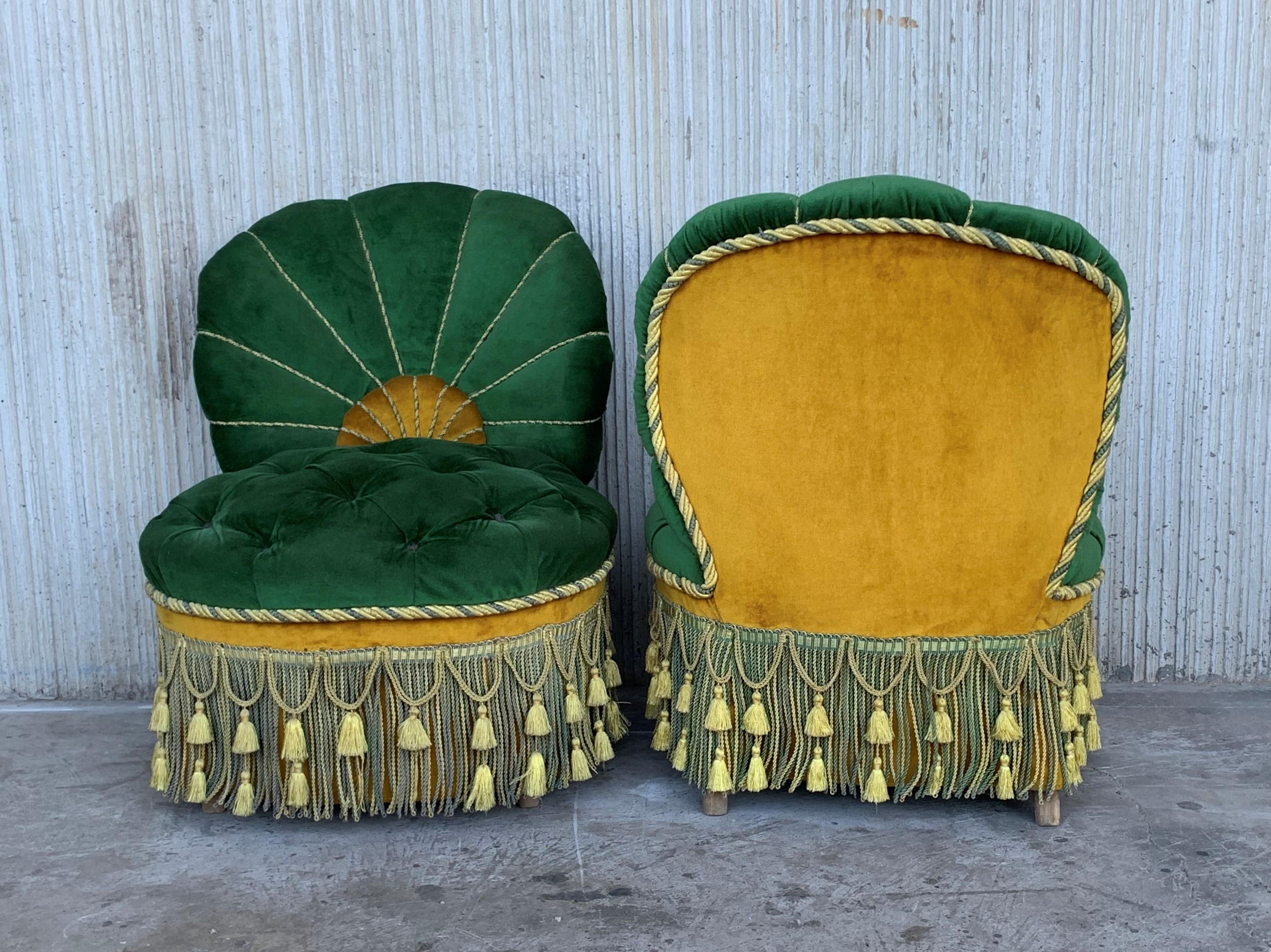 Vintage Green Velvet French Art Deco Swivel Chairs Chanel Back Parlor Chairs 1