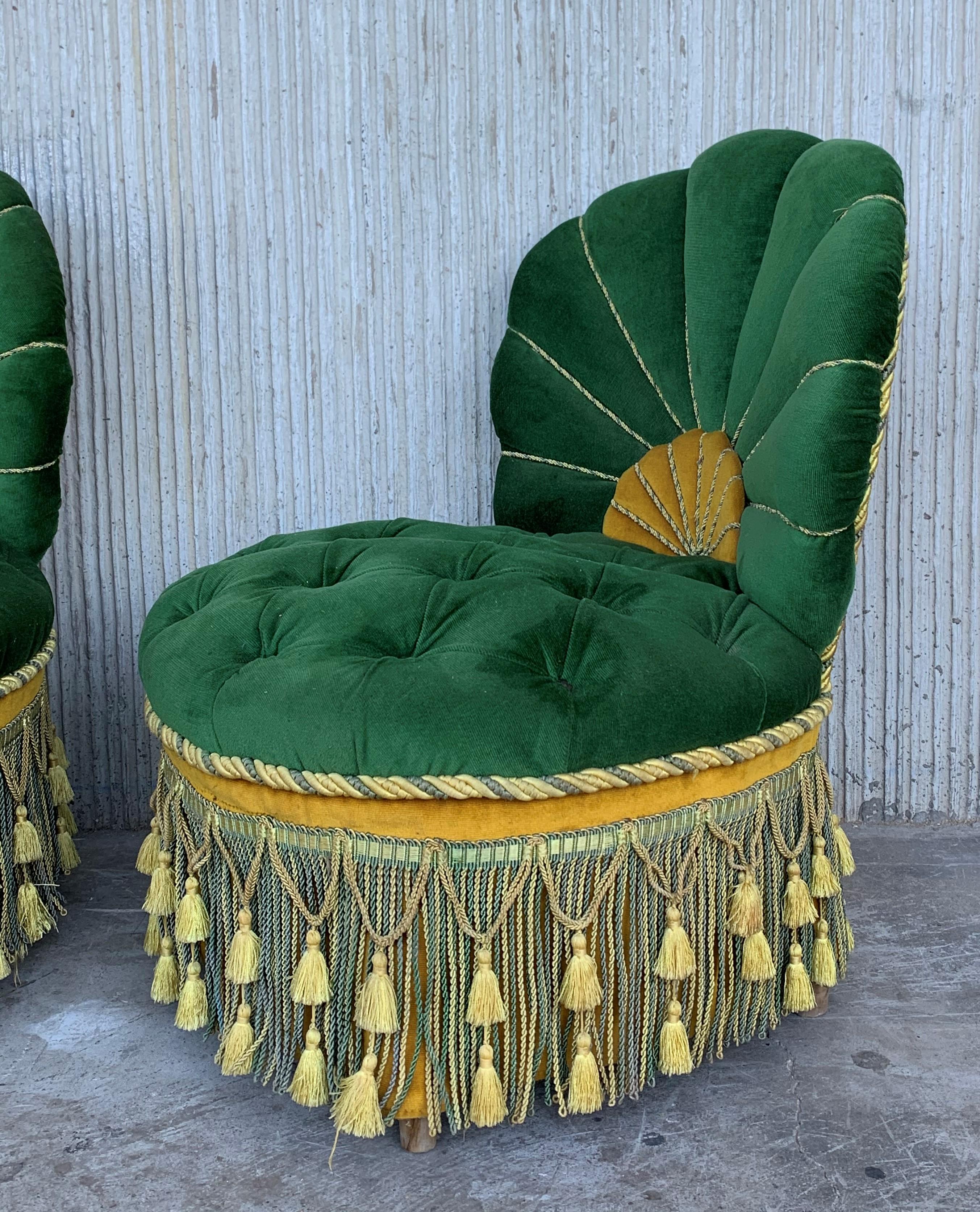 Vintage Green Velvet French Art Deco Swivel Chairs Chanel Back Parlor Chairs 2
