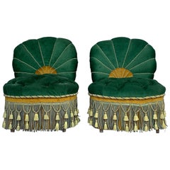 Vintage Green Velvet French Art Deco Swivel Chairs Chanel Back Parlor Chairs