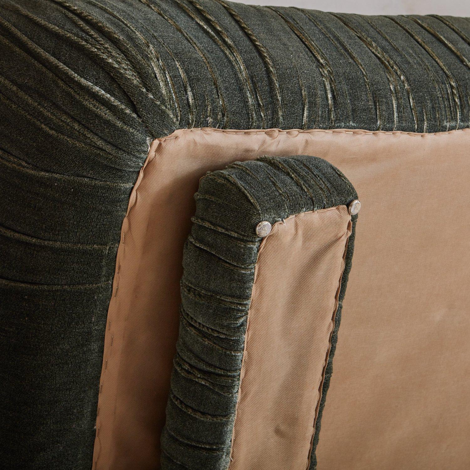 Vintage Green Velvet Ruched Sofa, Italy, 1970s 3
