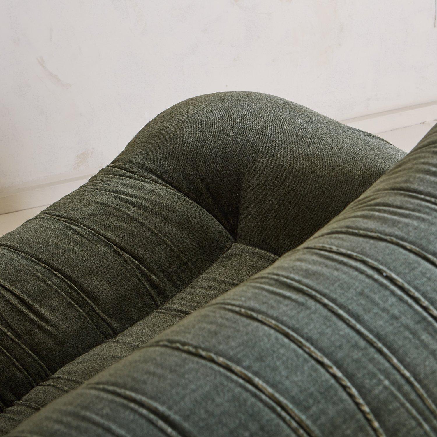 Vintage Green Velvet Ruched Sofa, Italy, 1970s 5